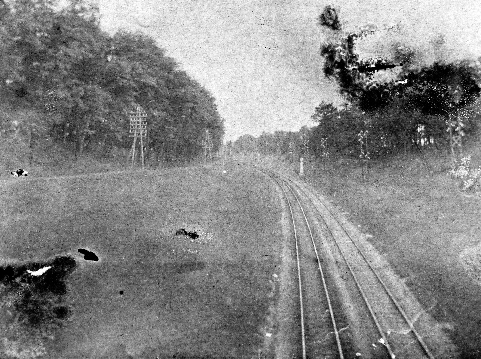 Hungary, Budapest XVIII., a felvétel a mai Ráday Gedeon utca és Csévéző utca közötti hídról, a pestszentlőrinci vasútállomás irányába készült., 1915, Fortepan, woods, railway, rail signal, aerial wire, Budapest, Fortepan #13512