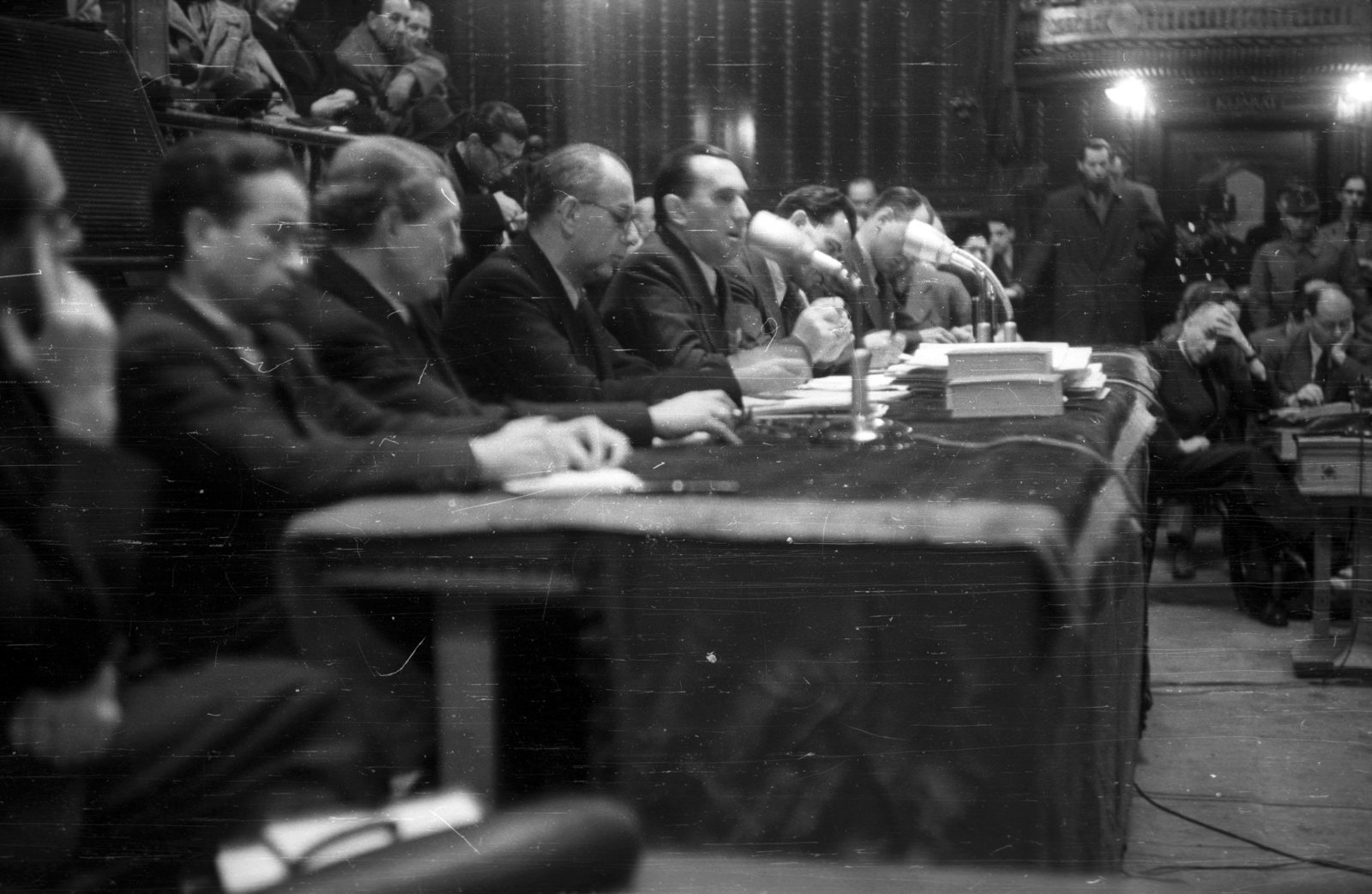 Hungary, Budapest VI., háborús főbűnösök felelősségrevonása a dr. Major Ákos vezette népbíróság előtt, a Zeneakadémia Nagytermében tartott tárgyaláson., 1945, Mészáros Judit, Budapest, war crimes trial, Fortepan #135315