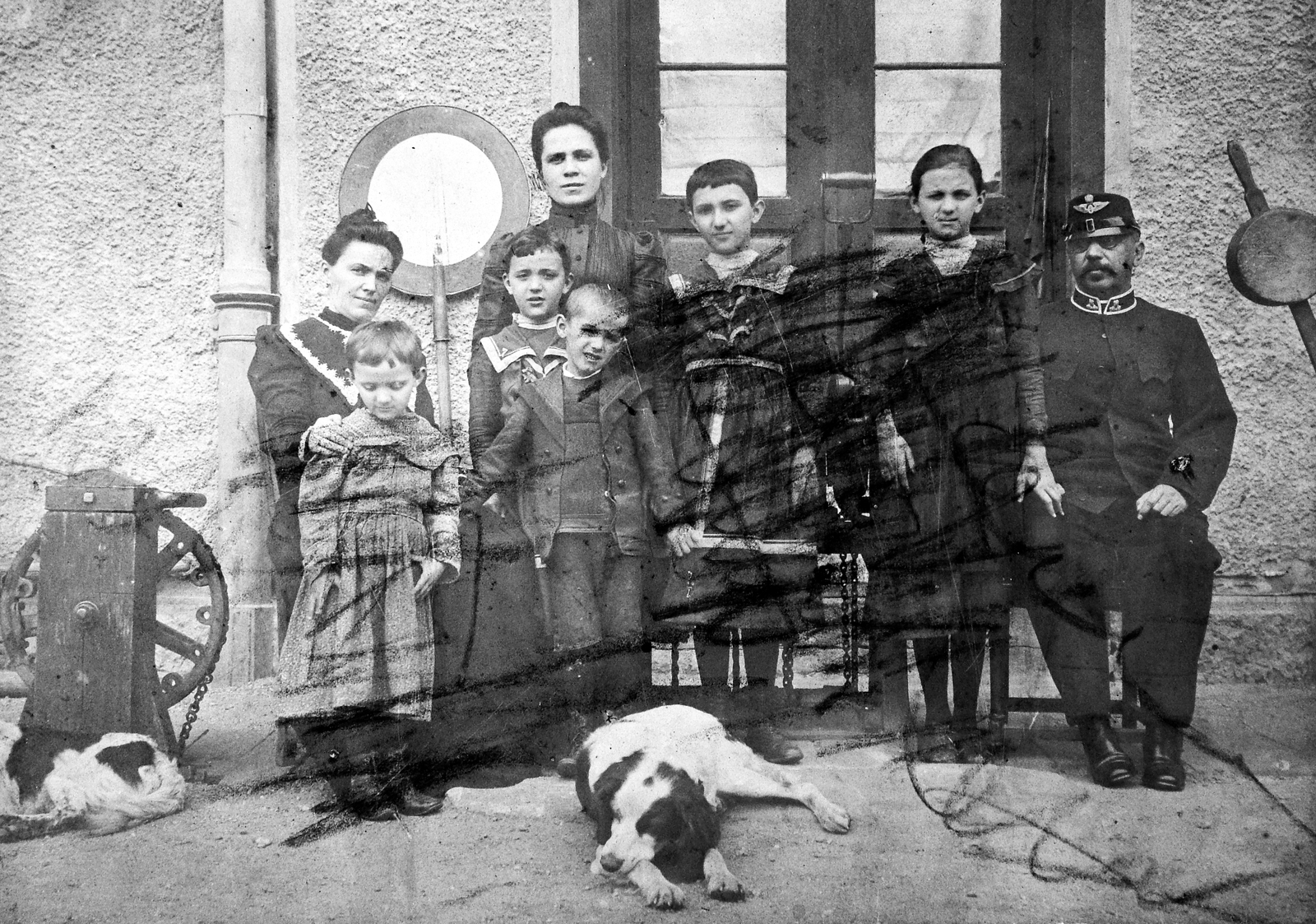1922, Fortepan, railway, family, dog, uniform, tableau, women, kids, man, double exposure, erroneous photo, Fortepan #13543
