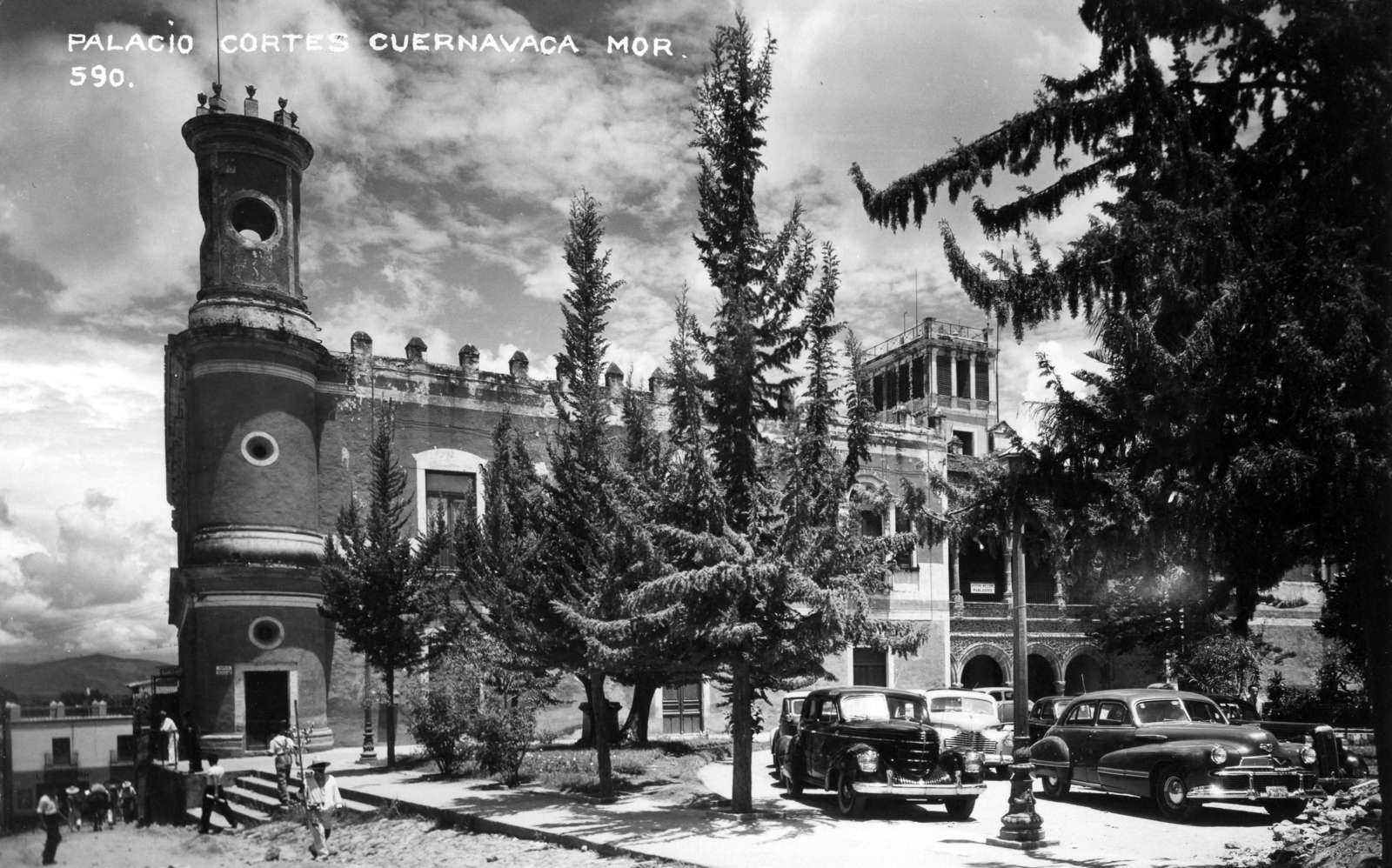 Mexico, Cuernavaca, mexikói képeslap., 1947, Szabó József, pine, automobile, palace, Fortepan #135616