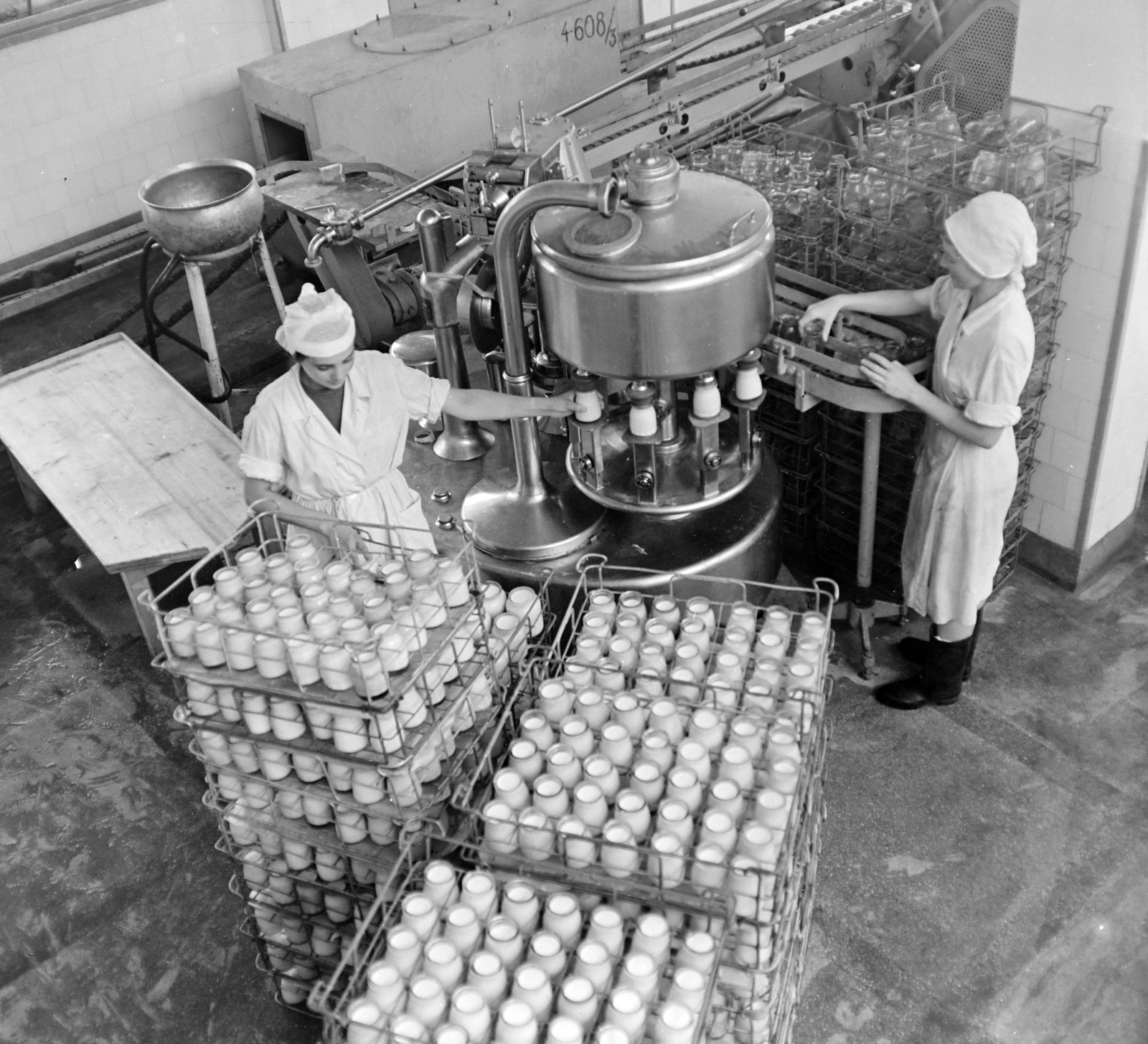 Romania,Transylvania, Târgu Mureș, az állami tejfeldolgozó üzem palackozója., 1962, Sütő András örökösei, Új Élet szerkesztőség, milk industry, working woman, Fortepan #135881