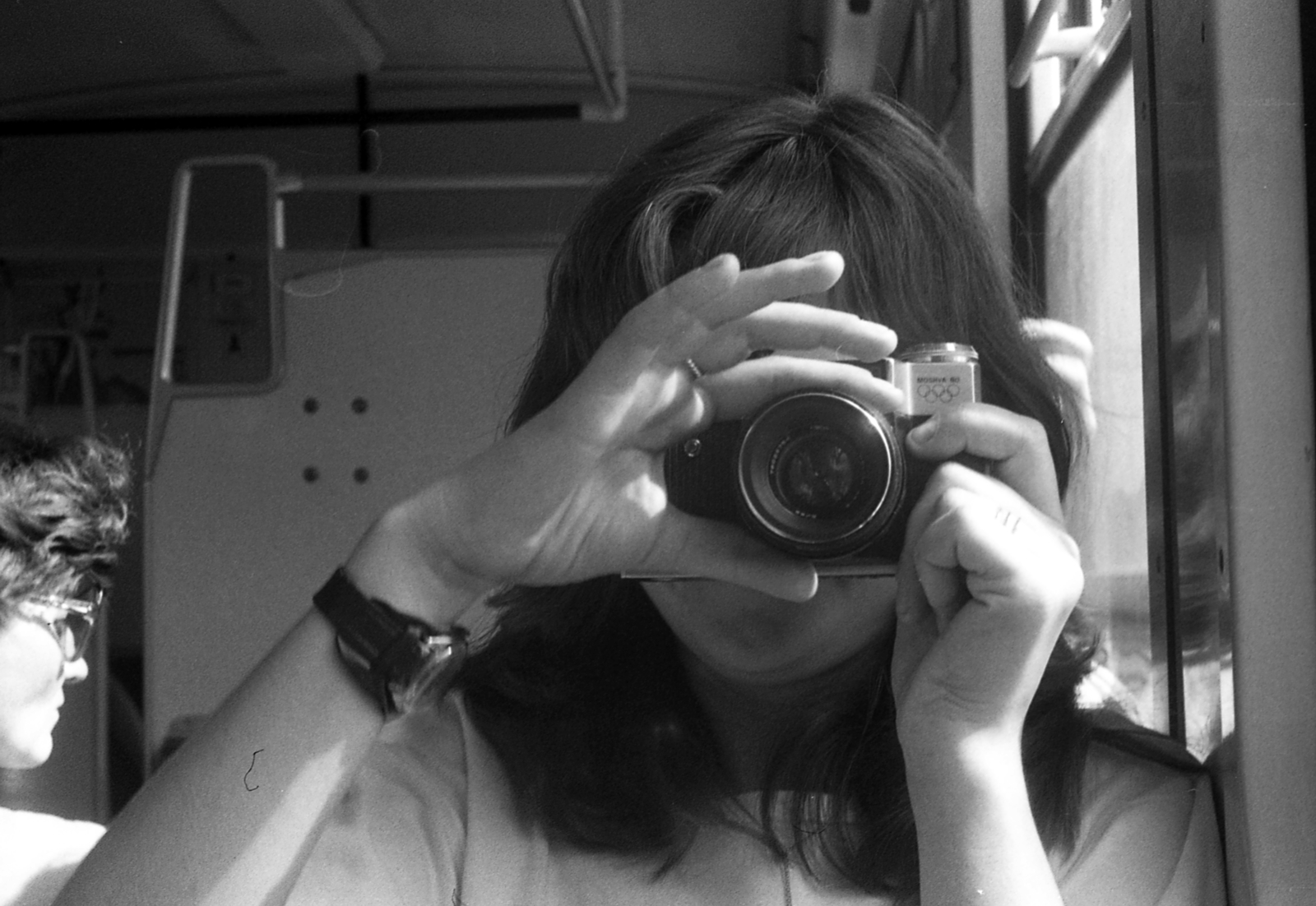 1982, Varga János, wrist watch, camera, commuter train, olympic symbols, self-portrait, Fortepan #135956