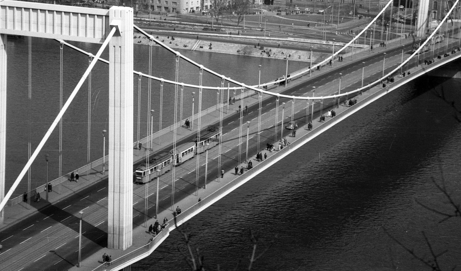 Hungary, Budapest I., az Erzsébet híd a Gellérthegyről nézve., 1967, Fortepan/Album020, river, Danube, Budapest, Duna-bridge, Pál Sávoly-design, Fortepan #136092