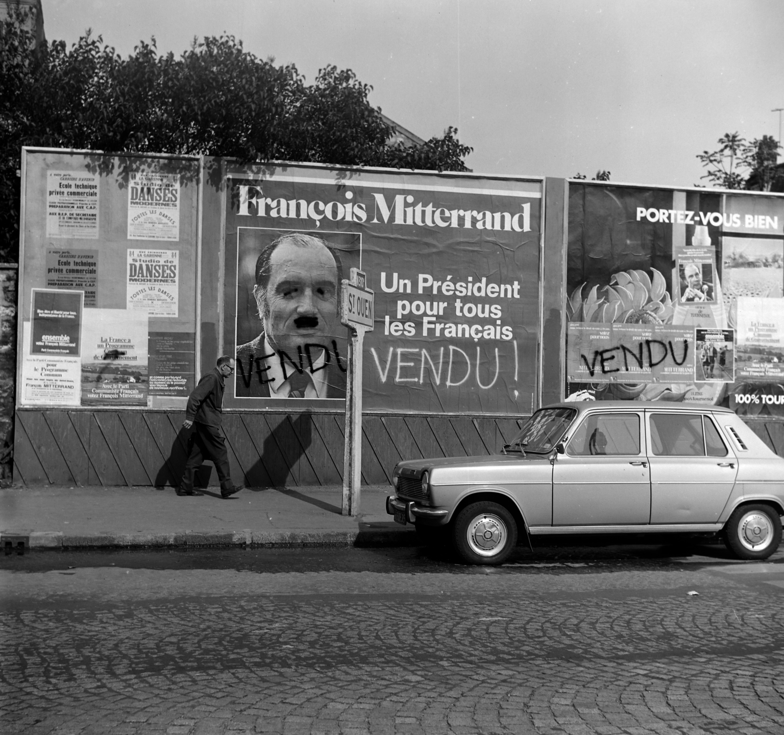 France, 1974, Vészi Ágnes, billboard, automobile, Simca-brand, presidency, electioneering, François Mitterrand-portrayal, Fortepan #136824