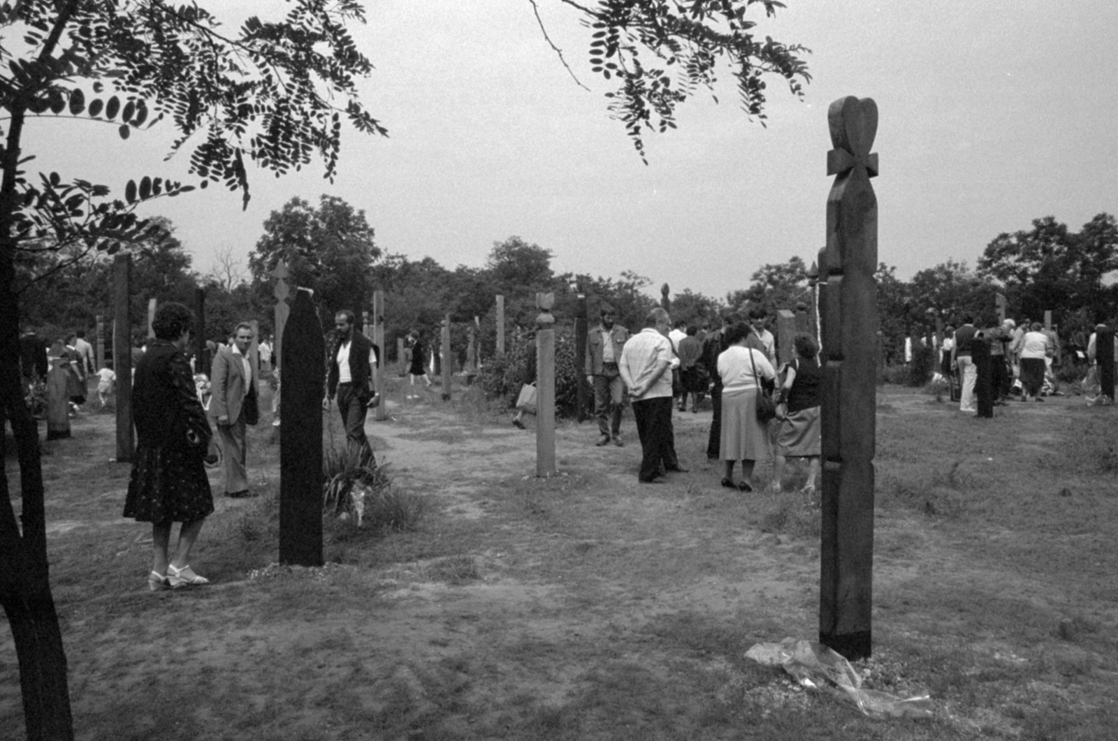Magyarország, Budapest X., Új Köztemető, 301-es parcella 1989. június 16-án, az 56-os hősök újratemetésekor. Az Inconnu Csoport tagjai által állított kopjafák., 1989, Vészi Ágnes, Budapest, inconnu művészcsoport, rendszerváltás, Fortepan #137036