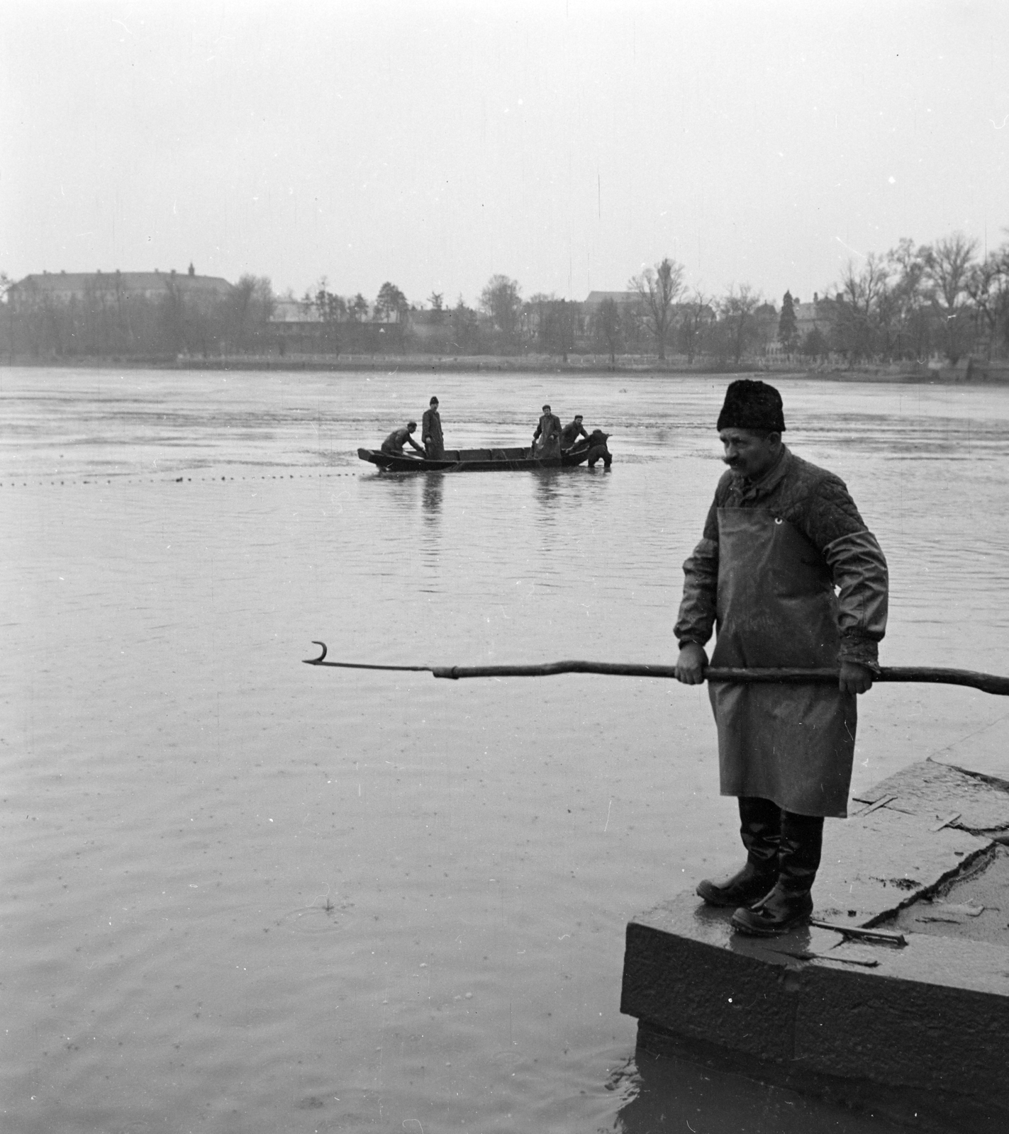 Hungary, Tata, Öreg-tó, lehalászás., 1964, Szalay Zoltán, fishing, meat apron, Fortepan #137504