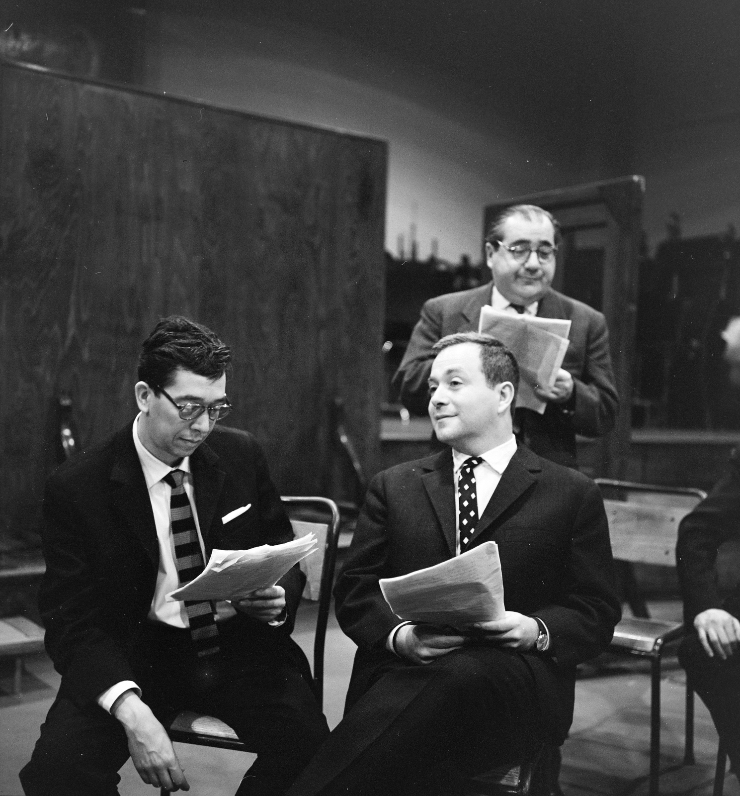 Magyarország, Budapest VIII., a Magyar Rádió 6-os stúdiója, Rozsos István, Márkus László, Hlatky László színművészek., 1962, Szalay Zoltán, Budapest, Magyar Rádió, Fortepan #138040