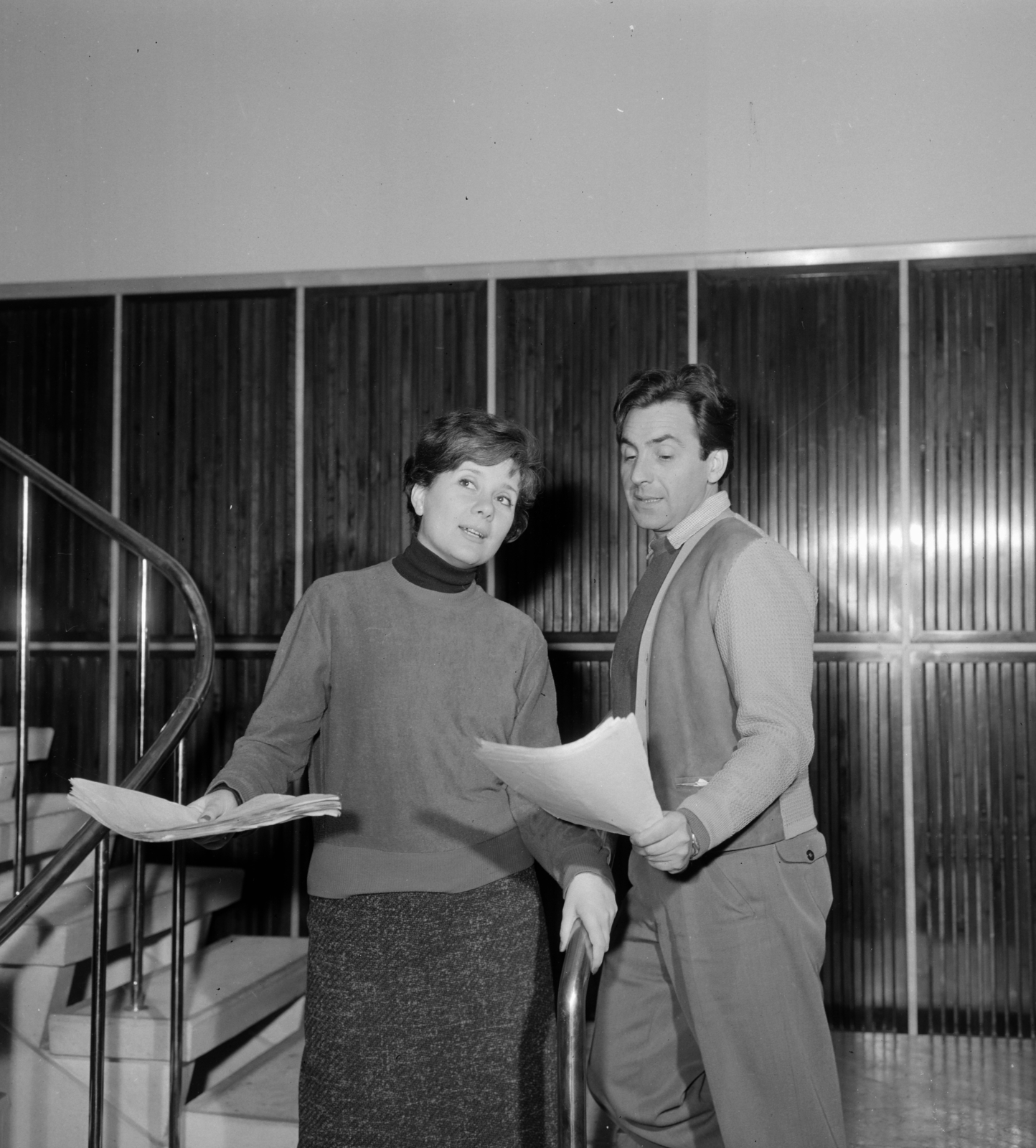 Hungary, Budapest VIII., a Magyar Rádió 20-as stúdiója, Ruttkai Éva és Pálos György színművészek., 1960, Szalay Zoltán, Budapest, Hungarian Radio, Fortepan #138078