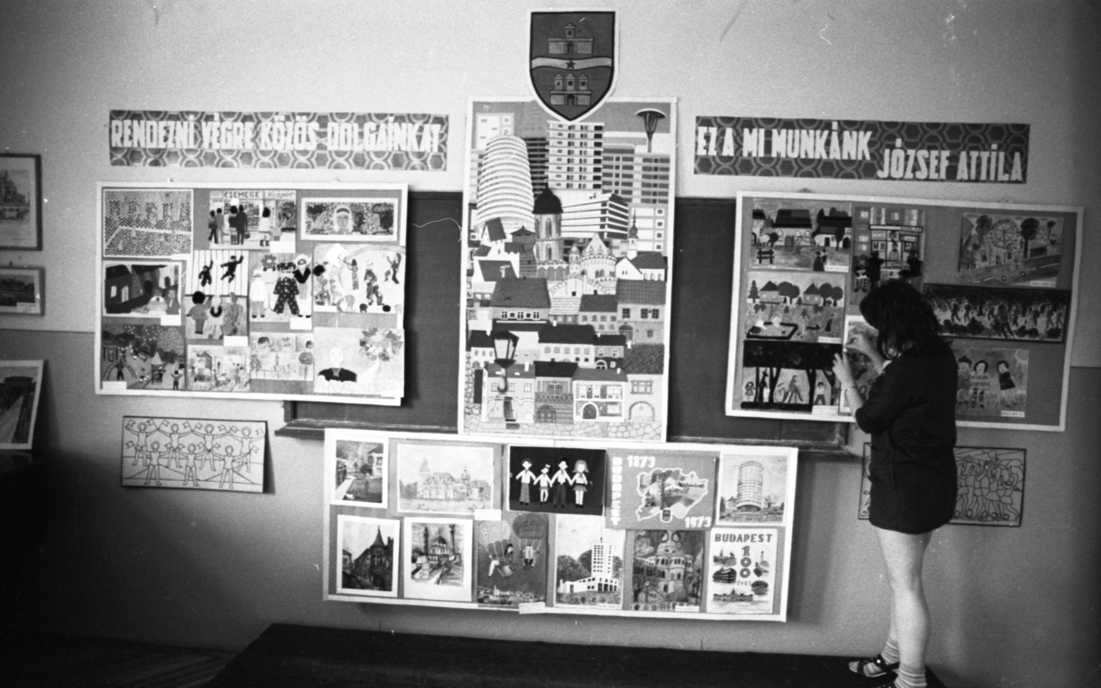 Hungary, Budapest, 1972, Szalay Zoltán, school, crest, Budapest, picture in picture, Fortepan #139039