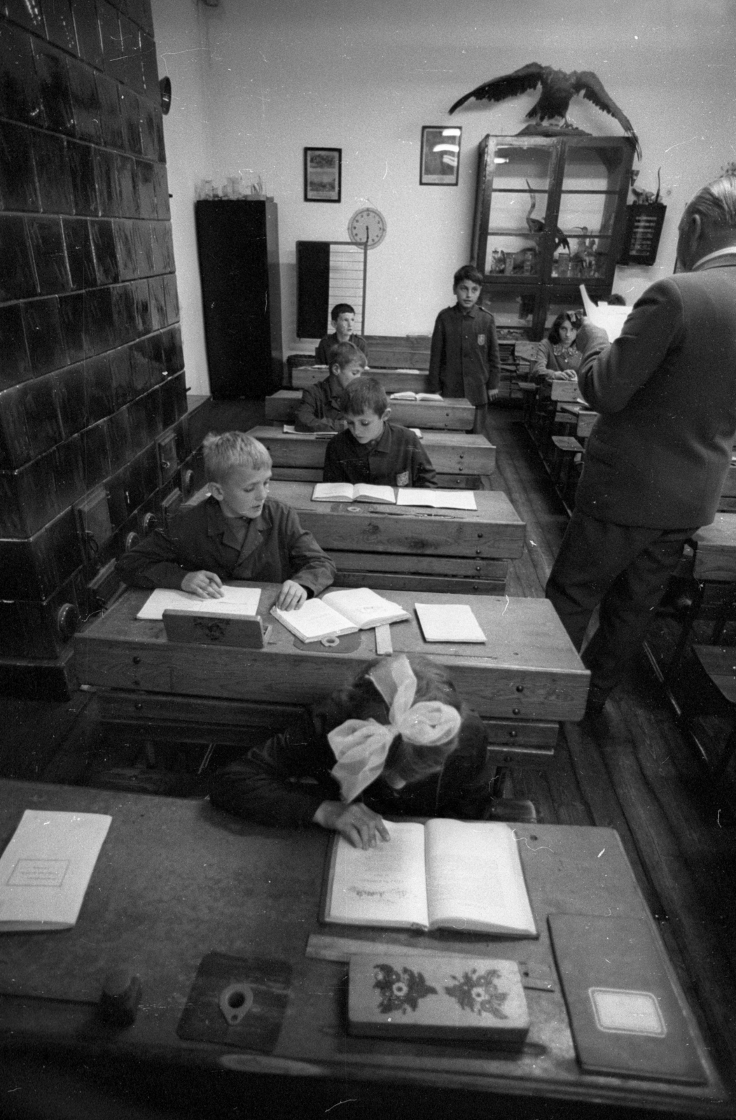 Magyarország, Újfehértó, Vadastag, tanyasi iskola., 1973, Szalay Zoltán, cserépkályha, olvasás, masni, iskolapad, kitömött állat, Fortepan #139051