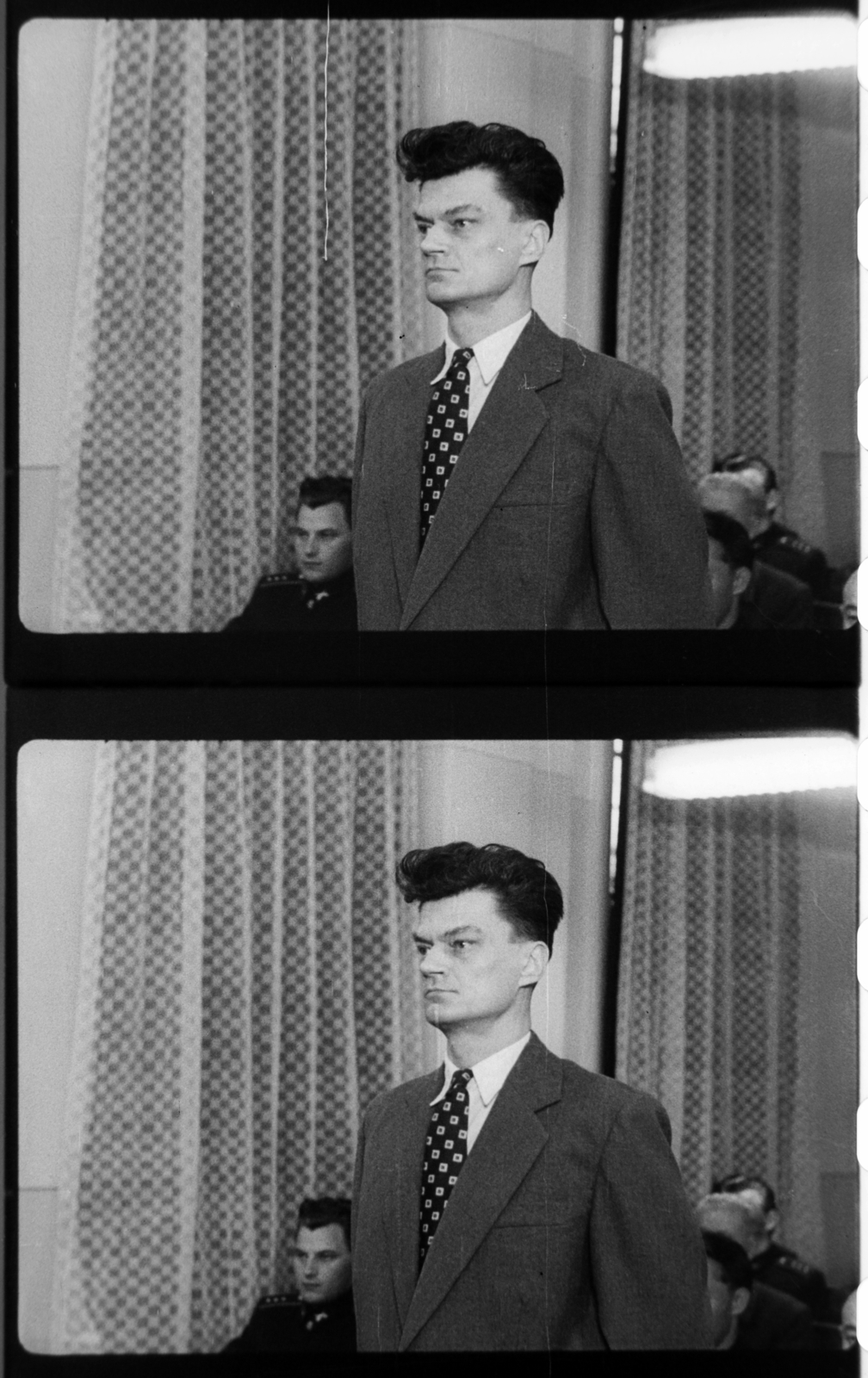 Hungary, Budapest II., Fő utca 70-78., tárgyalóterem a katonai bíróság épületében. Maléter Pál vádlott, a Nagy Imre és társai elleni perben. Filmkockák a tárgyaláson készült felvételből., 1958, Magyar Nemzeti Levéltár, revolution, minister, Budapest, trial, retaliation, Fortepan #139309