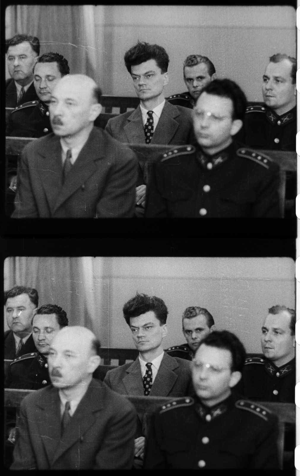 Hungary, Budapest II., Fő utca 70-78., tárgyalóterem a katonai bíróság épületében. Jánosi Ferenc, Maléter Pál és Donáth Ferenc vádlottak, a Nagy Imre és társai elleni perben. Filmkockák a tárgyaláson készült felvételből., 1958, Magyar Nemzeti Levéltár, revolution, minister, Budapest, trial, retaliation, Fortepan #139316