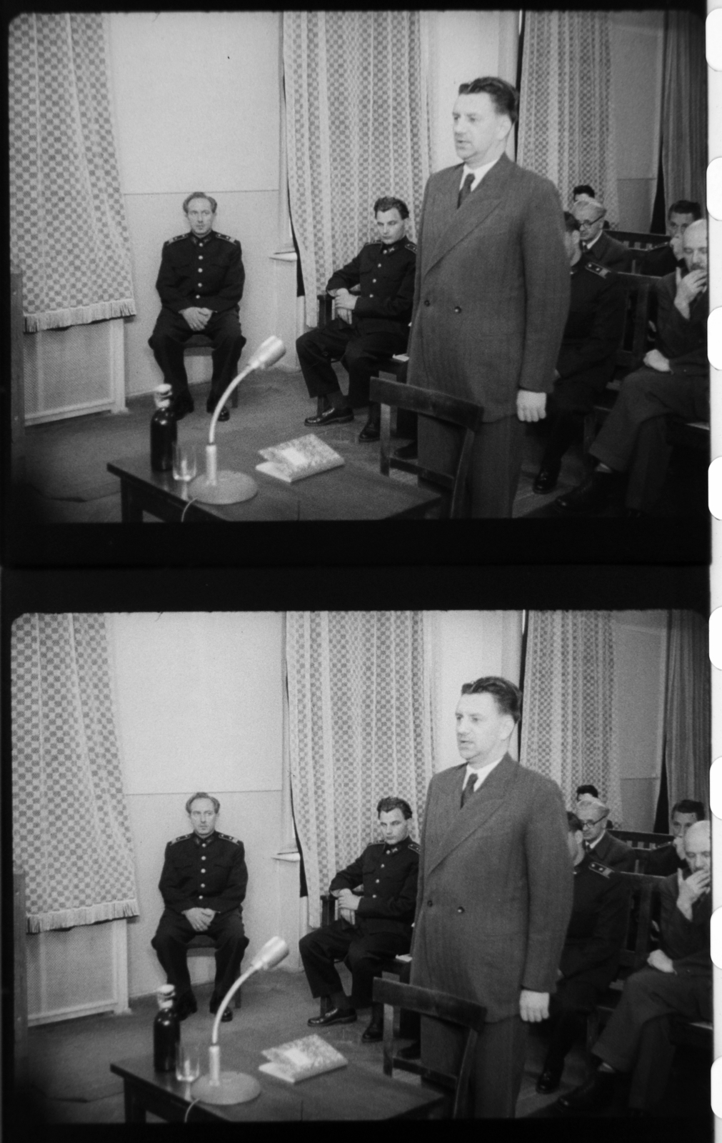 Hungary, Budapest II., Fő utca 70-78., tárgyalóterem a katonai bíróság épületében. Kopácsi Sándor vádlott, a Nagy Imre és társai elleni perben. Filmkockák a tárgyaláson készült felvételből., 1958, Magyar Nemzeti Levéltár, revolution, Budapest, trial, retaliation, Fortepan #139317