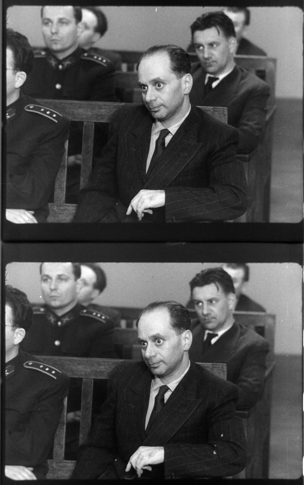 Hungary, Budapest II., Fő utca 70-78., tárgyalóterem a katonai bíróság épületében. Gimes Miklós és Kopácsi Sándor vádlottak, a Nagy Imre és társai elleni perben. Filmkockák a tárgyaláson készült felvételből., 1958, Magyar Nemzeti Levéltár, revolution, Budapest, trial, retaliation, Fortepan #139329