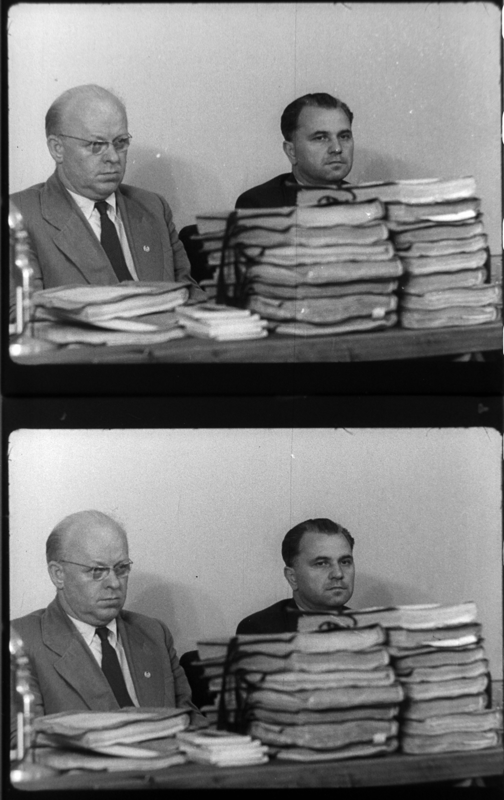 Magyarország, Budapest II., Fő utca 70-78., tárgyalóterem a katonai bíróság épületében. Bírósági alkalmazottak a Nagy Imre és társai elleni perben. Filmkockák a tárgyaláson készült felvételből., 1958, Magyar Nemzeti Levéltár, forradalom, Budapest, bírósági tárgyalás, megtorlás, Fortepan #139330