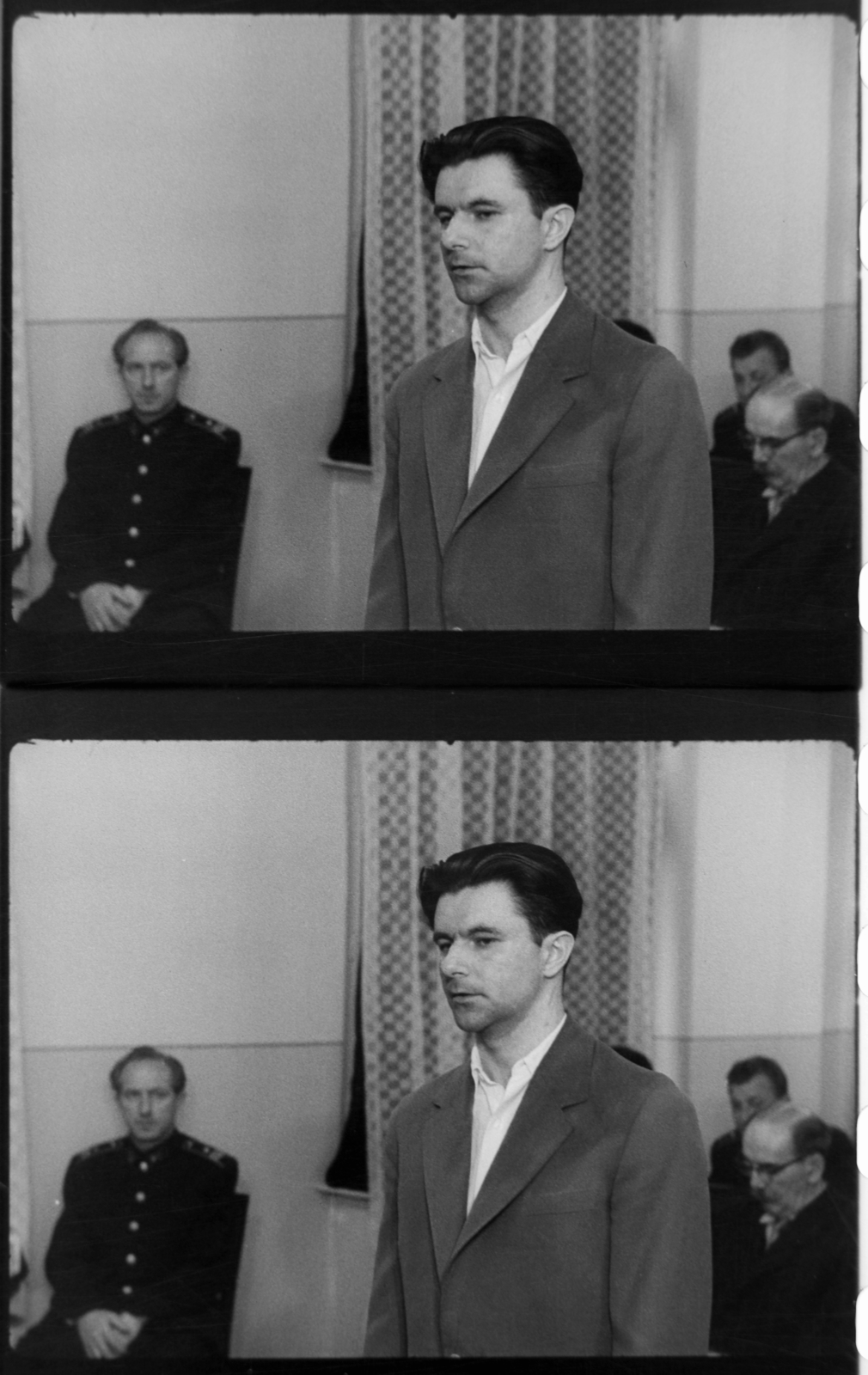 Hungary, Budapest II., Fő utca 70-78., tárgyalóterem a katonai bíróság épületében. Tánczos Gábor tanú, a Nagy Imre és társai elleni perben. Filmkockák a tárgyaláson készült felvételből., 1958, Magyar Nemzeti Levéltár, revolution, Budapest, trial, retaliation, Fortepan #139341