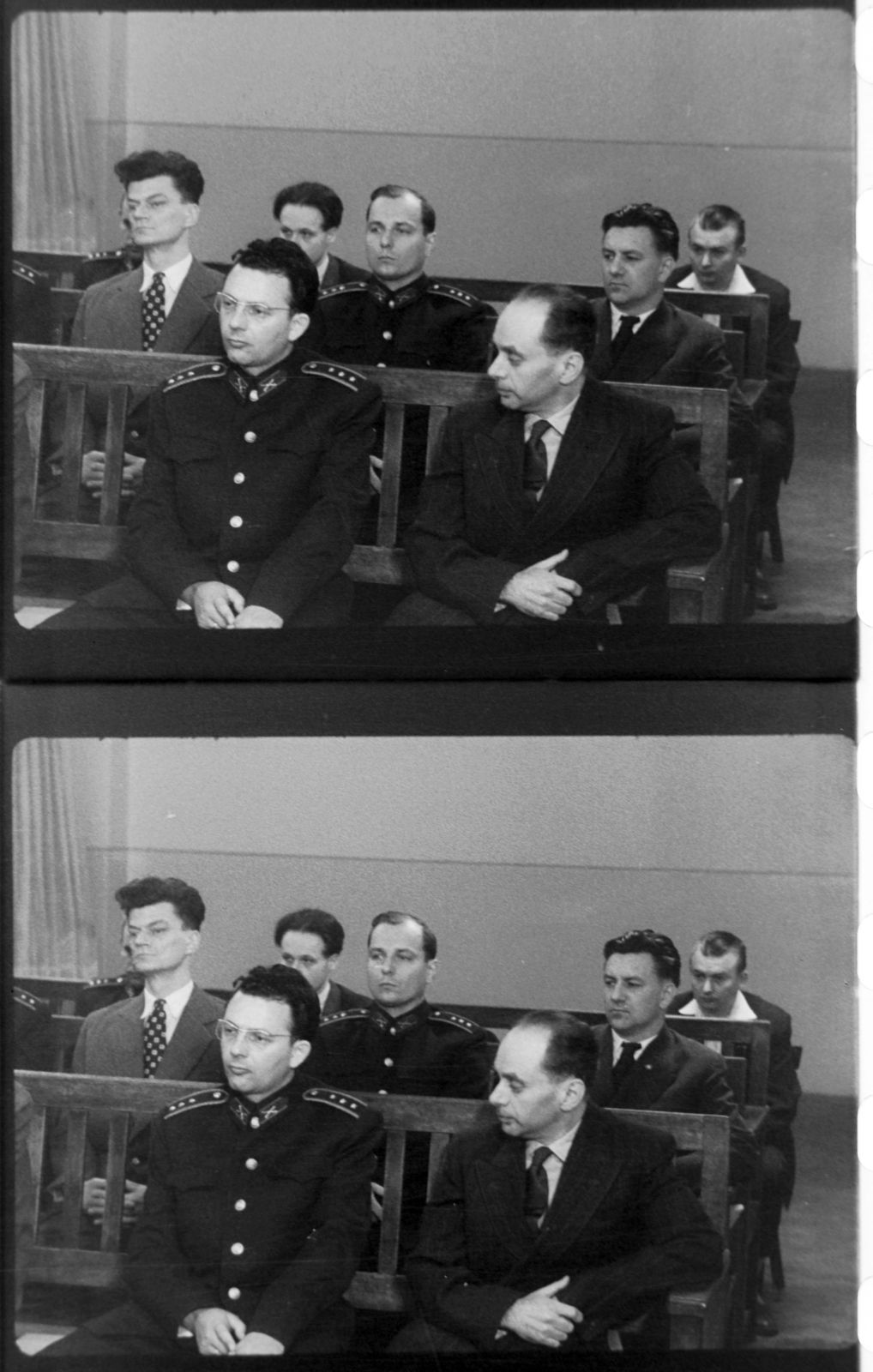 Hungary, Budapest II., Fő utca 70-78., tárgyalóterem a katonai bíróság épületében. Maléter Pál, Kopácsi Sándor és Gimes Miklós vádlottak a Nagy Imre és társai elleni perben. Filmkockák a tárgyaláson készült felvételből., 1958, Magyar Nemzeti Levéltár, revolution, Budapest, trial, retaliation, Fortepan #139349