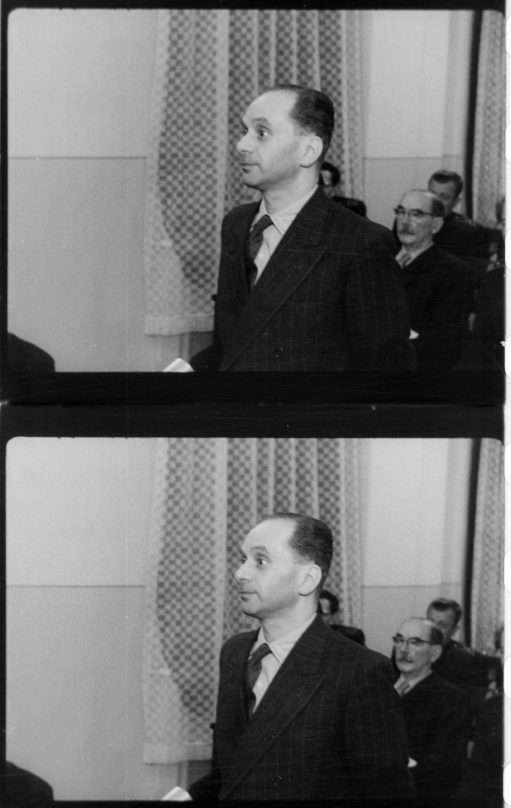 Hungary, Budapest II., Fő utca 70-78., tárgyalóterem a katonai bíróság épületében. Gimes Miklós vádlott, a Nagy Imre és társai elleni perben. Filmkockák a tárgyaláson készült felvételből., 1958, Magyar Nemzeti Levéltár, revolution, Budapest, trial, retaliation, Fortepan #139352