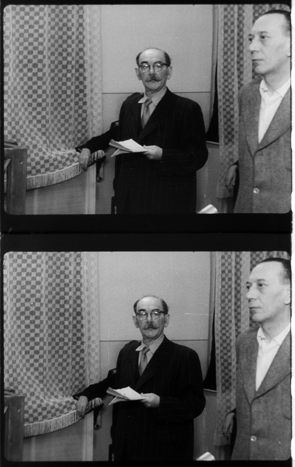 Hungary, Budapest II., Fő utca 70-78., tárgyalóterem a katonai bíróság épületében. Nagy Imre vádlott és Fazekas György tanú szembesítése a Nagy Imre és társai elleni perben. Filmkockák a tárgyaláson készült felvételből., 1958, Magyar Nemzeti Levéltár, revolution, prime minister, Budapest, trial, retaliation, Fortepan #139363