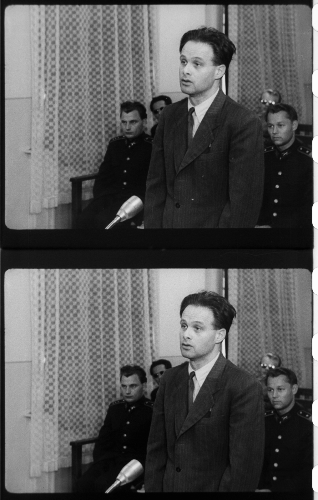 Hungary, Budapest II., Fő utca 70-78., tárgyalóterem a katonai bíróság épületében. Vásárhelyi Miklós vádlott az utolsó szó jogán nyilatkozik, a Nagy Imre és társai elleni perben. Filmkockák a tárgyaláson készült felvételből., 1958, Magyar Nemzeti Levéltár, revolution, Budapest, trial, retaliation, Fortepan #139372