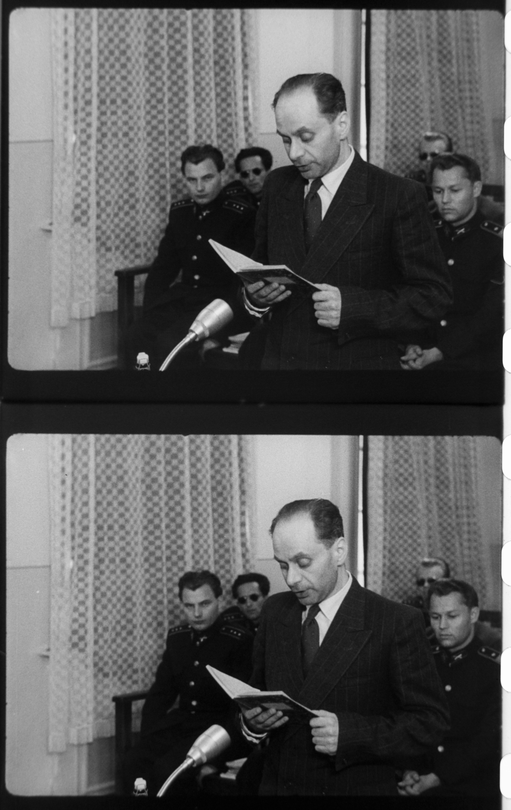 Hungary, Budapest II., Fő utca 70-78., tárgyalóterem a katonai bíróság épületében. Gimes Miklós vádlott az utolsó szó jogán nyilatkozik, a Nagy Imre és társai elleni perben. Filmkockák a tárgyaláson készült felvételből., 1958, Magyar Nemzeti Levéltár, revolution, Budapest, trial, retaliation, Fortepan #139379