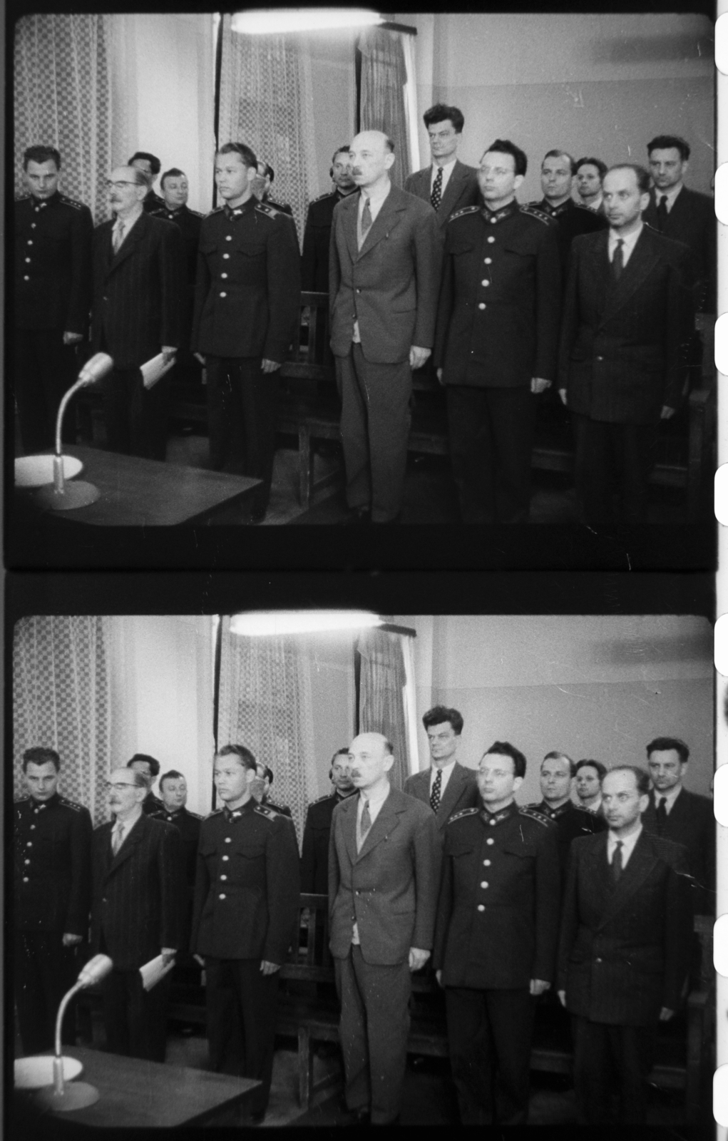 Magyarország, Budapest II., Fő utca 70-78., tárgyalóterem a katonai bíróság épületében. Ítélethirdetés a Nagy Imre és társai elleni perben. Filmkockák a tárgyaláson készült felvételből., 1958, Magyar Nemzeti Levéltár, forradalom, Budapest, bírósági tárgyalás, megtorlás, Fortepan #139386