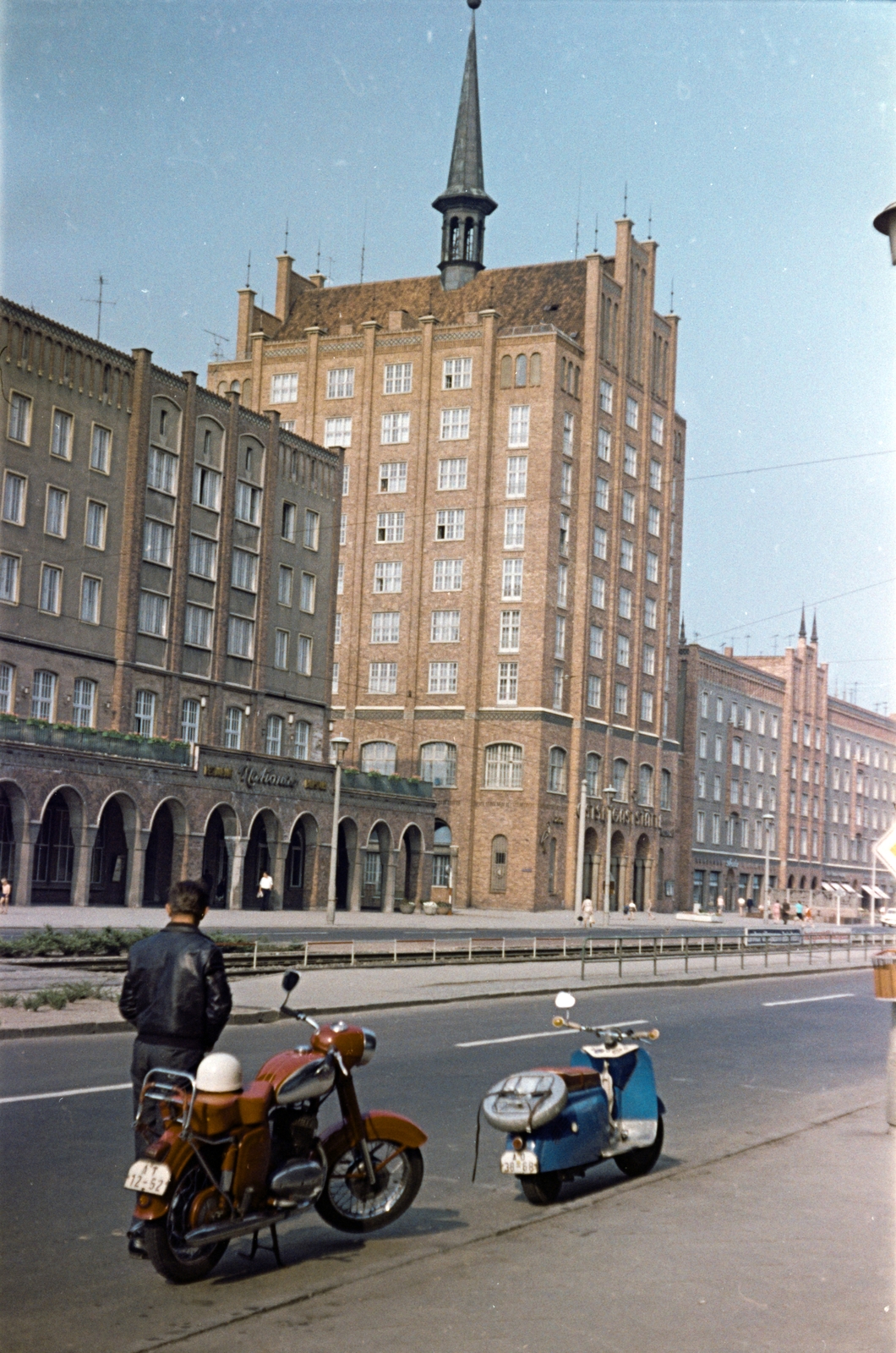 Germany, Rostock, Lange Strasse., 1963, Németh Tamás, colorful, motorcycle, street view, Fortepan #140312