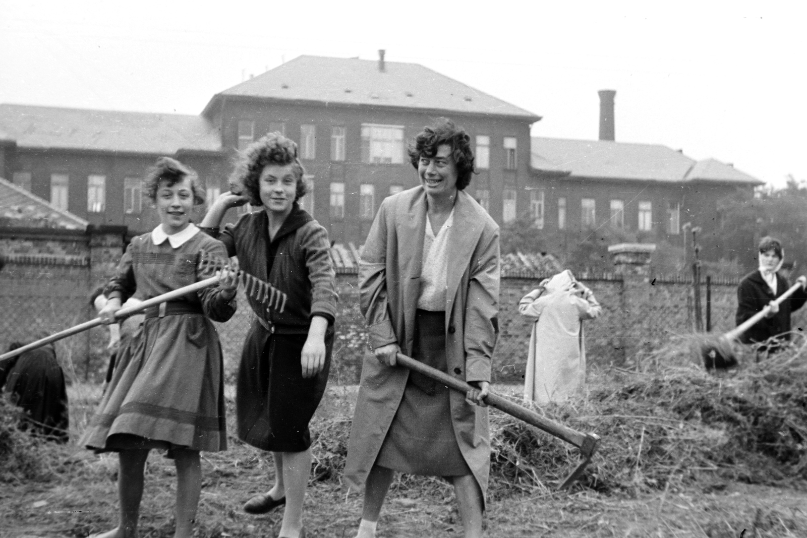Magyarország, Budapest IX., Haller utca (Hámán Kató út), a Ferencvárosi Művelődési Központ kertrendezése, a háttérben a Szent István Kórház szülészeti osztálya. , 1961, Németh Tamás, kertápolás, gereblye, kapa, Budapest, Fortepan #140351