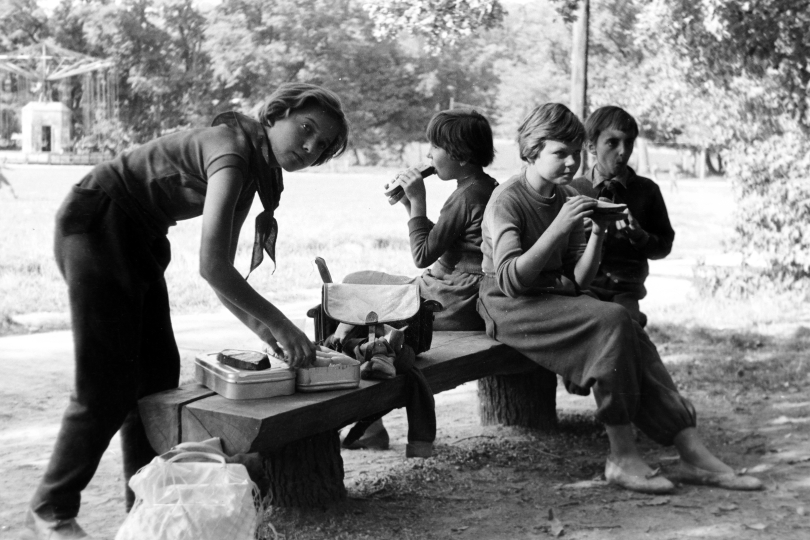 Magyarország, 1961, Németh Tamás, úttörő, étkezés, körhinta, uzsonnás doboz, piknik, Fortepan #140370