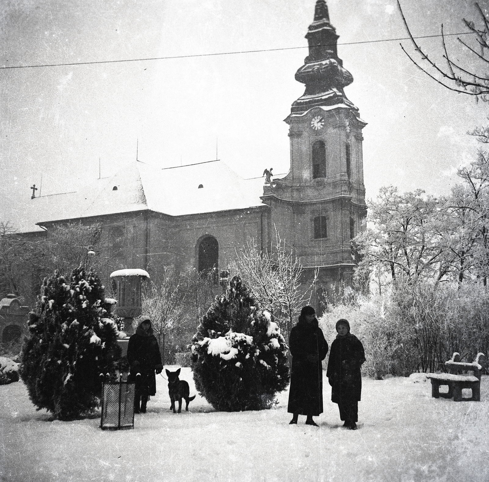 Hungary, Jászberény, Lehel vezér (Apponyi) tér, Nagyboldogasszony-templom., 1938, Morvay Kinga, winter, snow, dog, winter coat, Fortepan #140560