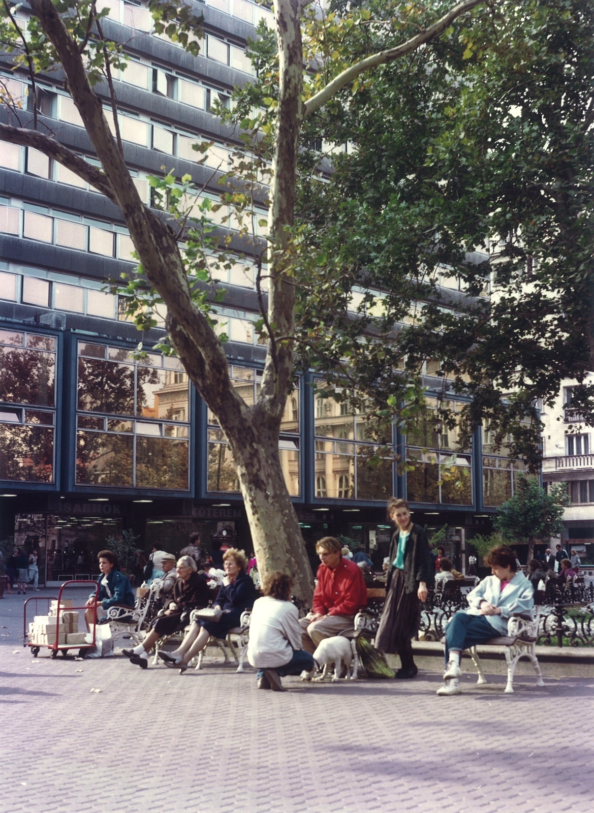 Hungary, Budapest V., Vörösmarty tér, háttérben az ORI (Országos Rendező Iroda) székháza., 1986, Hlatky Katalin-Főkert, colorful, Budapest, Fortepan #141200