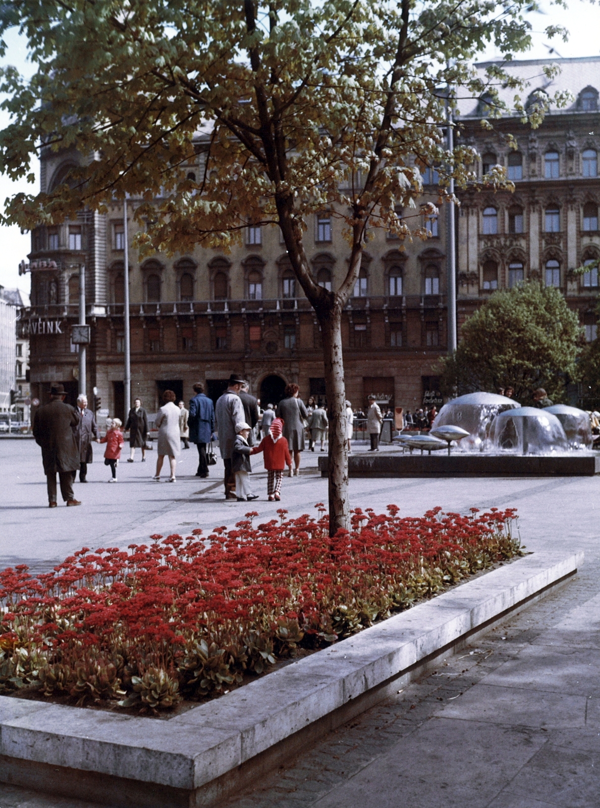 Hungary, Budapest VIII., Blaha Lujza tér, háttérben a József körút házsora., 1973, Hlatky Katalin-Főkert, colorful, Budapest, flower bed, fountain, flower, Fortepan #141260