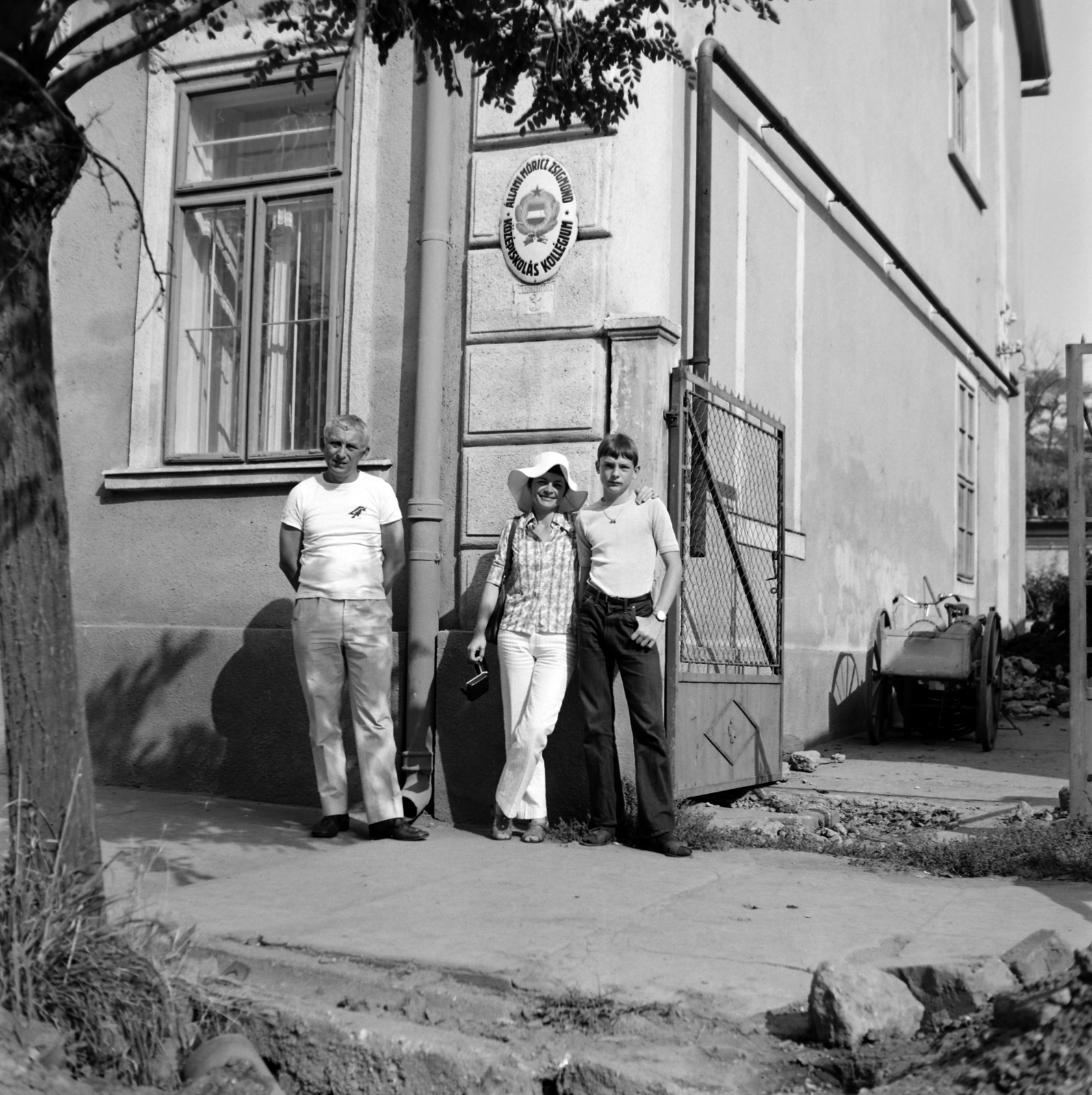 Hungary, Kisújszállás, Széchenyi utca 3., Állami Móricz Zsigmond Középiskolás Kollégium (később Móricz Zsigmond Gimnázium és Közgazdasági Szakközépiskola Kollégiuma)., 1976, Bencze László, crest, student dorm, enamel sign, Fortepan #141525