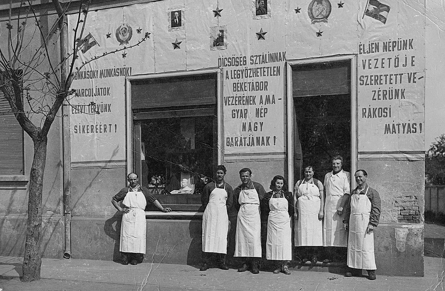 Hungary, Dombóvár, Hunyadi tér 39., a volt Heckmann-hentesüzlet május 1-i dekorációja., 1952, Erky-Nagy Tibor, Show window, tableau, Lenin-portrayal, political decoration, store display, crest, Red Star, Joseph Stalin portrayal, national emblem, Rákosi crest, Fortepan #14170