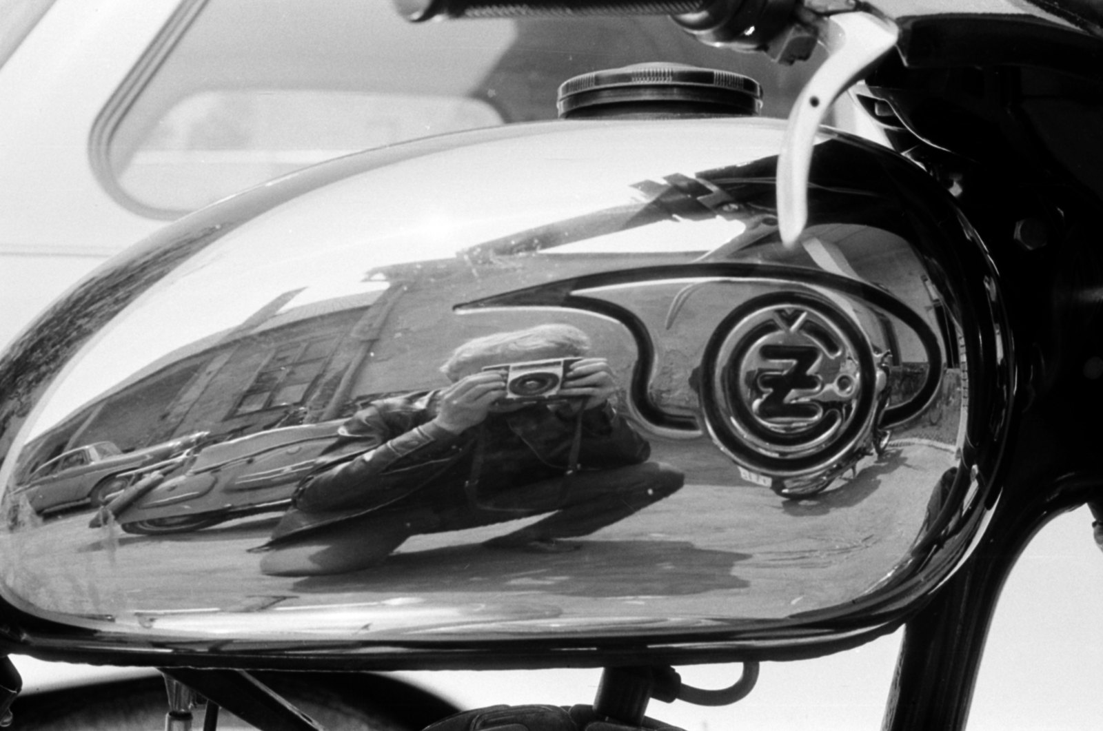 1968, Péterffy István, photography, reflection, self-portrait, motorcycle, CZ-brand, Fortepan #141815