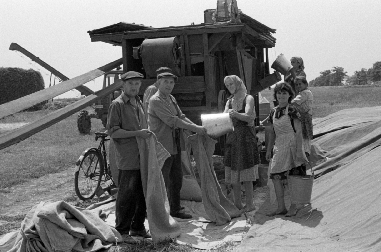 1969, Péterffy István, agriculture, threshing machine, bucket, sack, apron, agricultural machine, Fortepan #141829