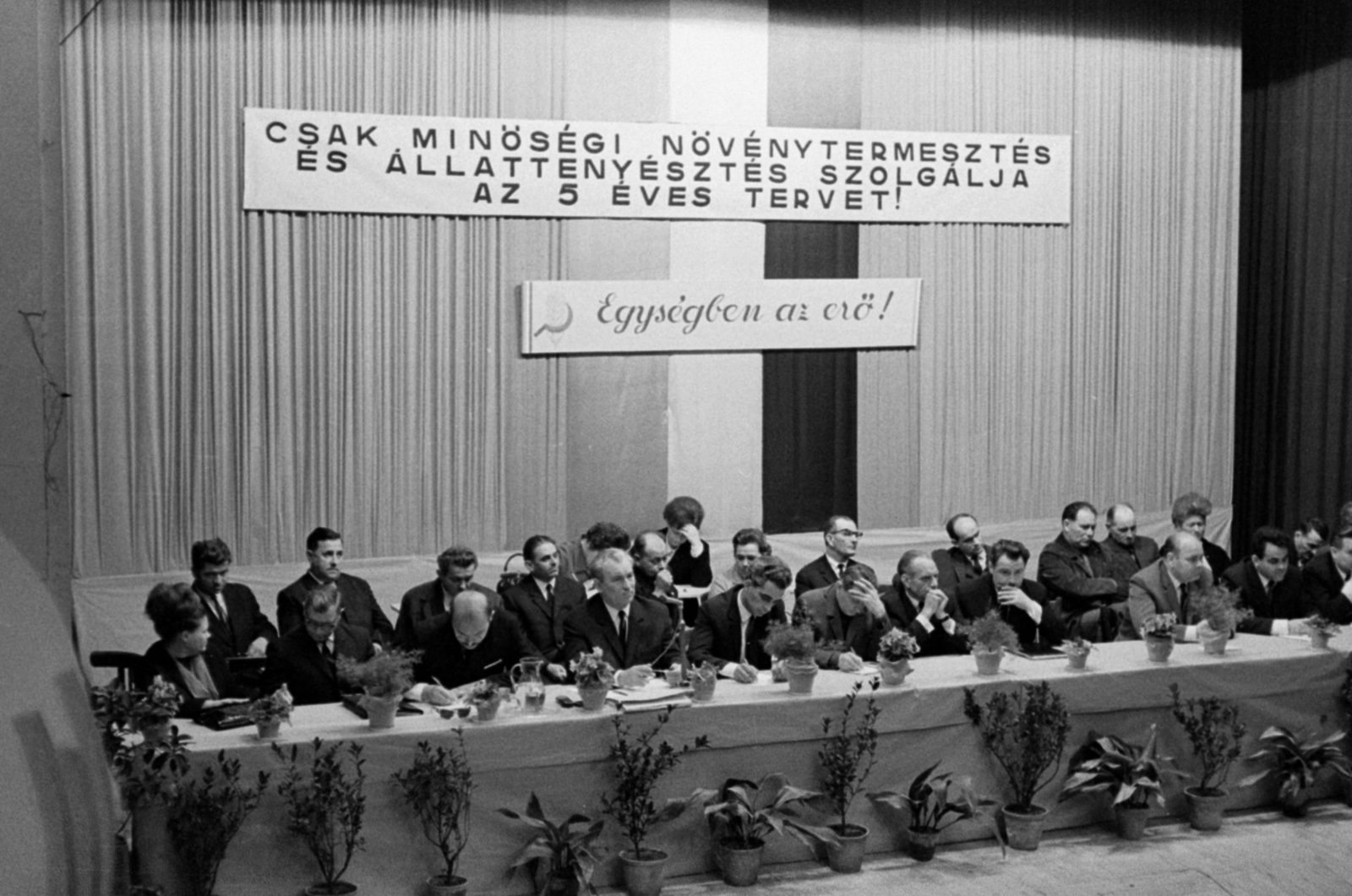 Magyarország, Cegléd, Kultúrpalota, ma Kossuth Művelődési Központ. A Dózsa Népe TSz, a Petőfi TSz és a Táncsics TSz együttes gyűlése, ahol a Magyar-Szovjet Barátság TSz néven történő egyesülésükről döntöttek., 1969, Péterffy István, dísznövény, jelmondat, Best of, Fortepan #141892