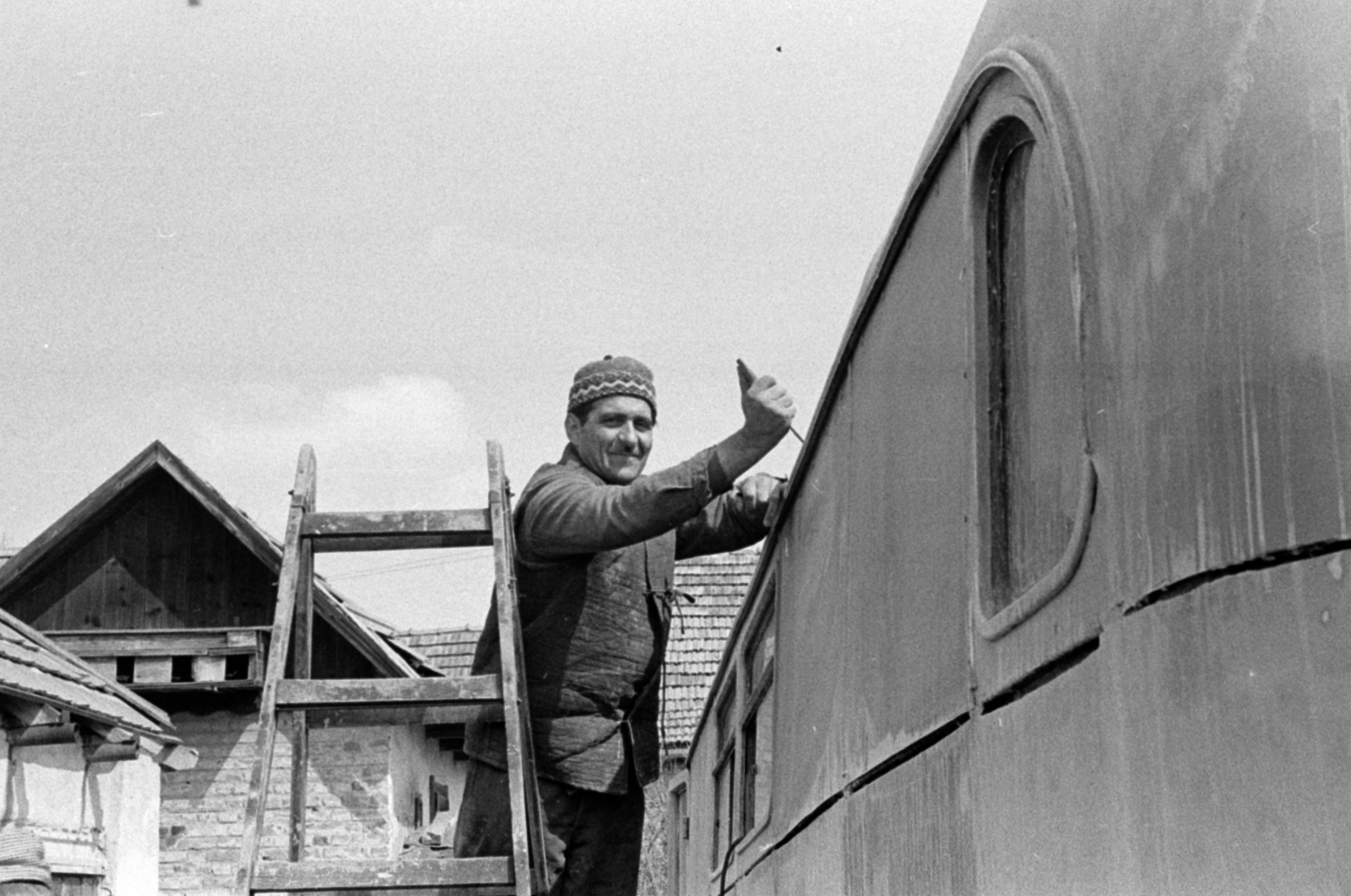 1970, Péterffy István, ladder, cap, Fortepan #142398