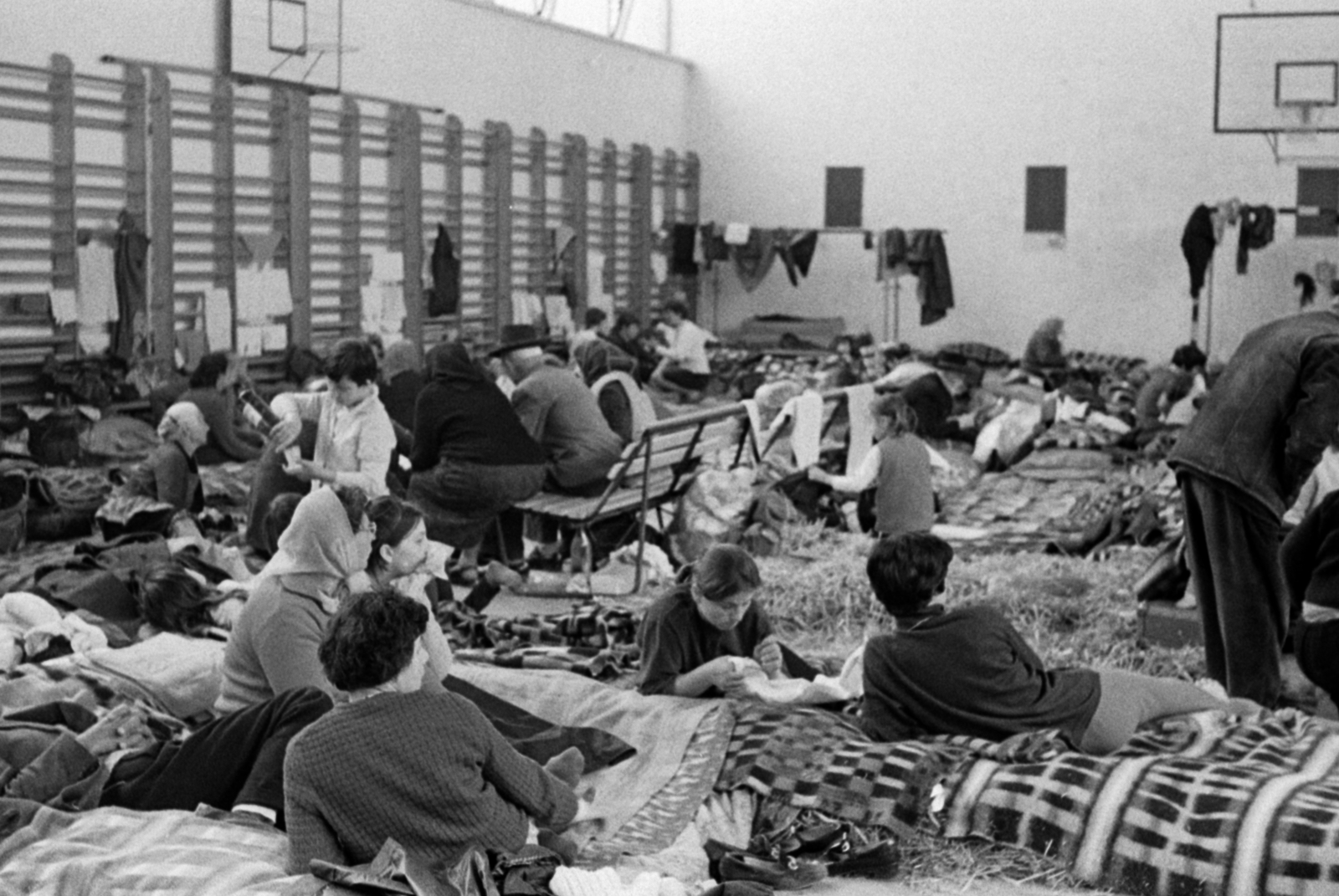 Magyarország, Szeged, a tiszai árvíz miatt kiköltöztetett emberek átmeneti szállása., 1970, Péterffy István, pad, tornaterem, bordásfal, szalma, pléd, kosárlabda palánk, Fortepan #142498