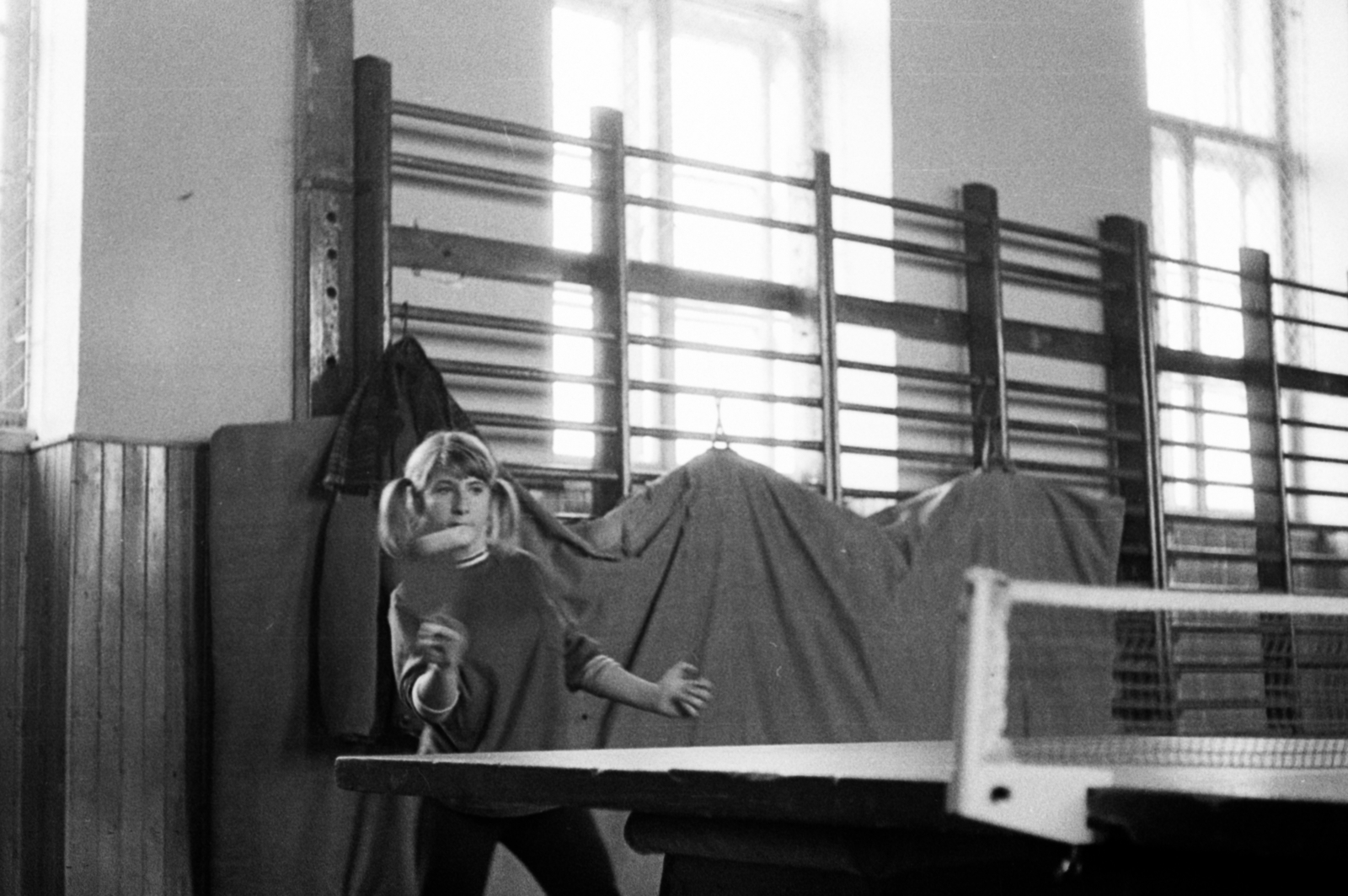 Hungary, Monor, az Ady Úti Általános Iskola tornaterme, úttörők járási asztalitenisz bajnoksága, az egyéni győztes., 1970, Péterffy István, gym, wall-bars, Fortepan #142606