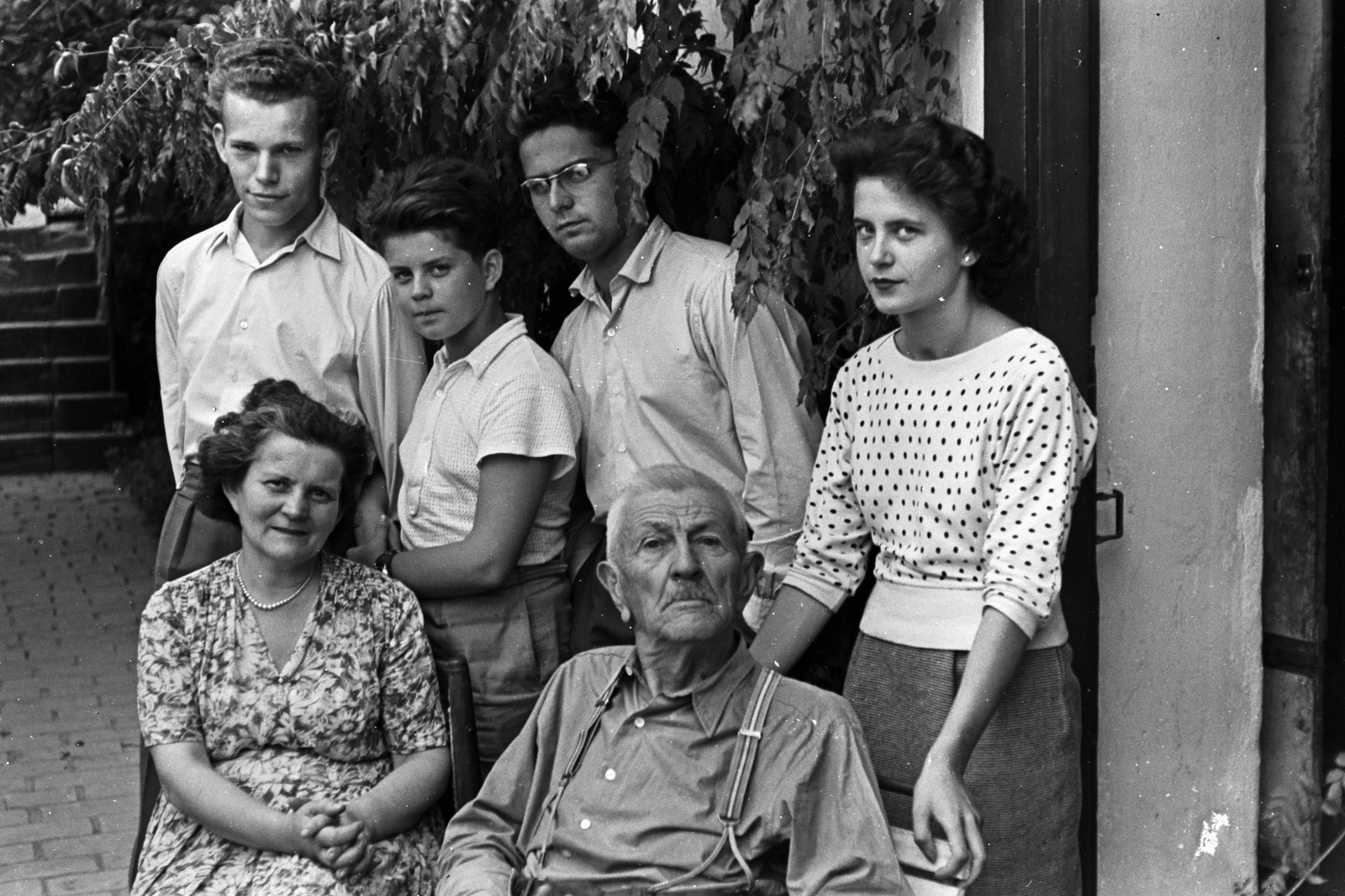 1955, Chuckyeager tumblr, family, yard, tableau, suspenders, generations, Fortepan #142769