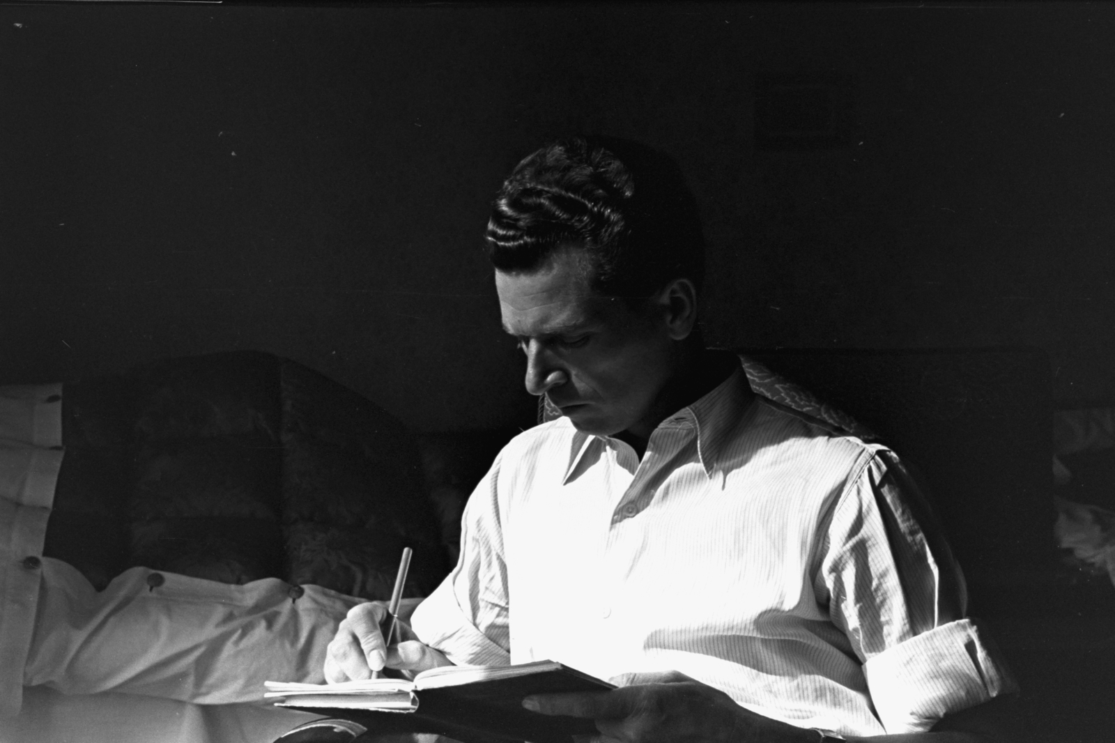 1954, Chuckyeager tumblr, hairdo, man, writing, Fortepan #142948