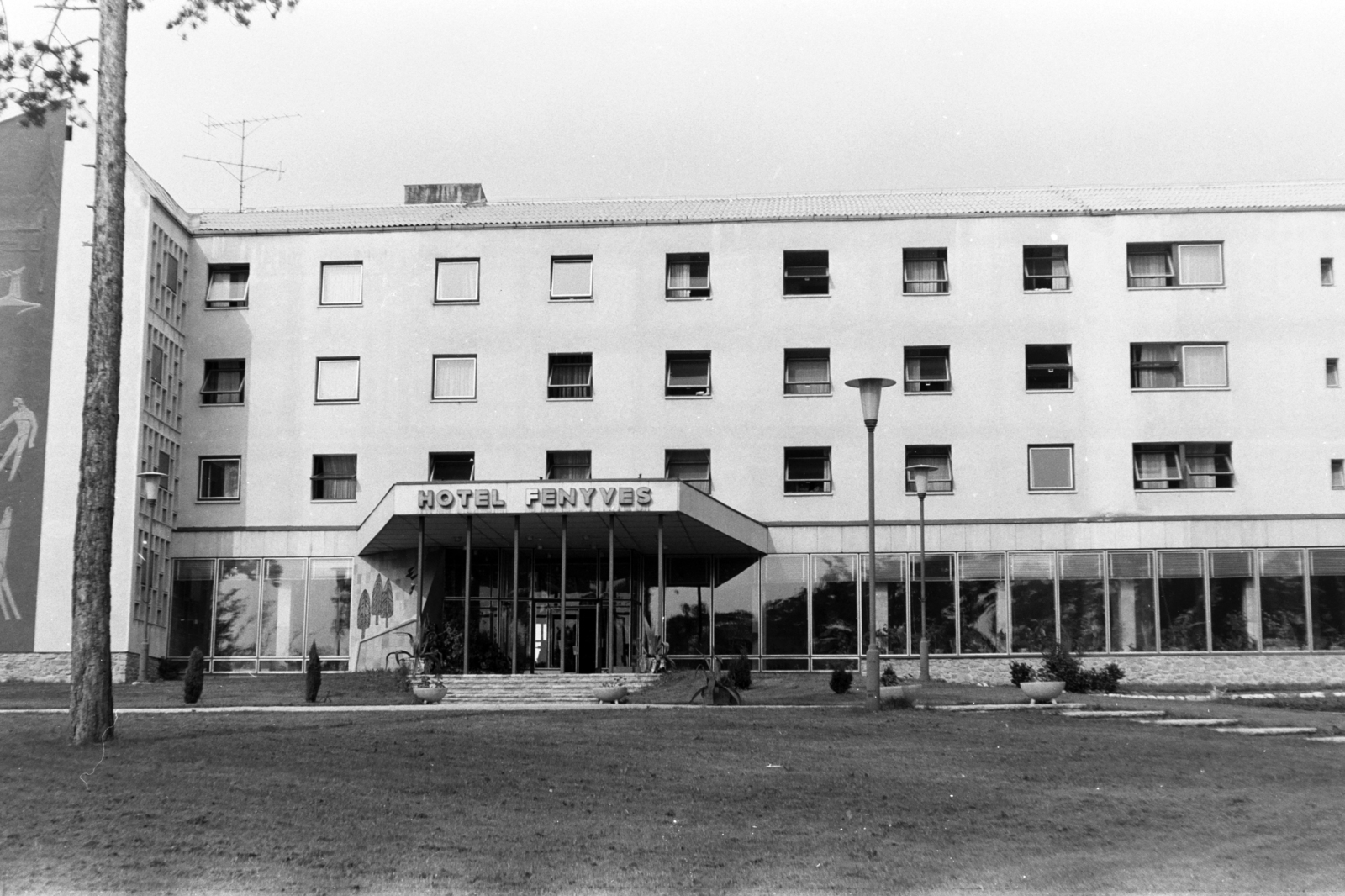 Magyarország, Sopron, Várisi út 4., Hotel Fenyves (később Hotel Lövér). Balra a homlokzaton Ludmány Ottó sgraffito-ja., 1966, Chuckyeager tumblr, Fortepan #143277