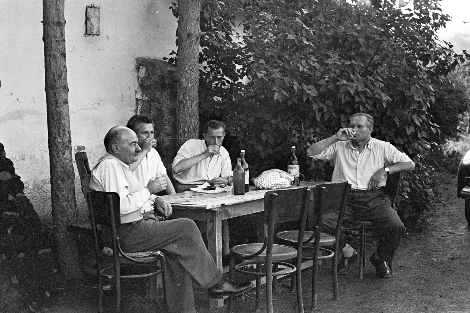Magyarország,Balaton, Badacsonytomaj, a felvétel egy Római úti ház kertjében készült., 1957, Chuckyeager tumblr, italozás, thonet, csatosüveg, Fortepan #143453
