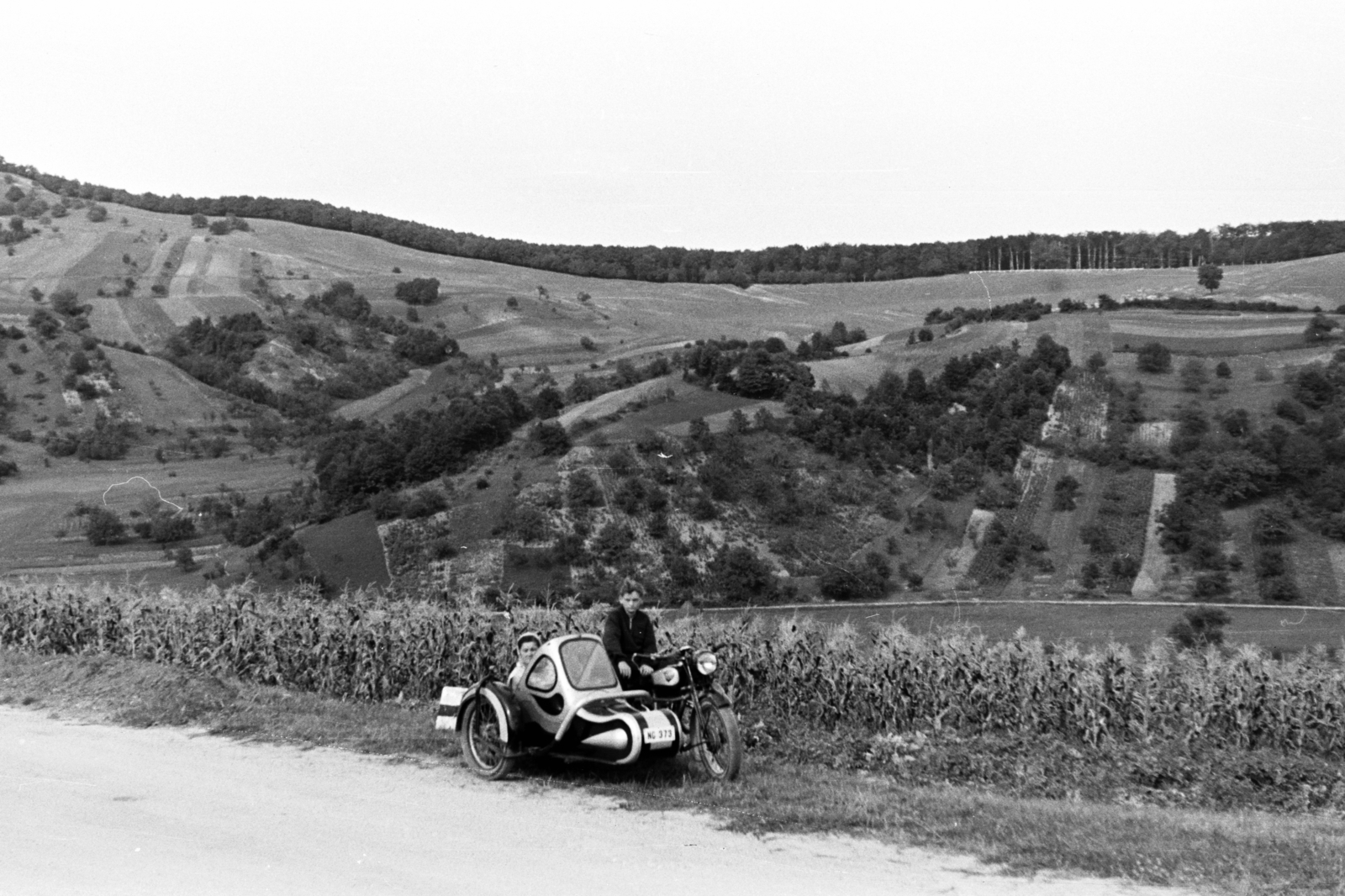 Magyarország, Pilis hegység, Pilisszentlélek település határa., 1957, Chuckyeager tumblr, oldalkocsis motorkerékpár, NSU-márka, Fortepan #143475