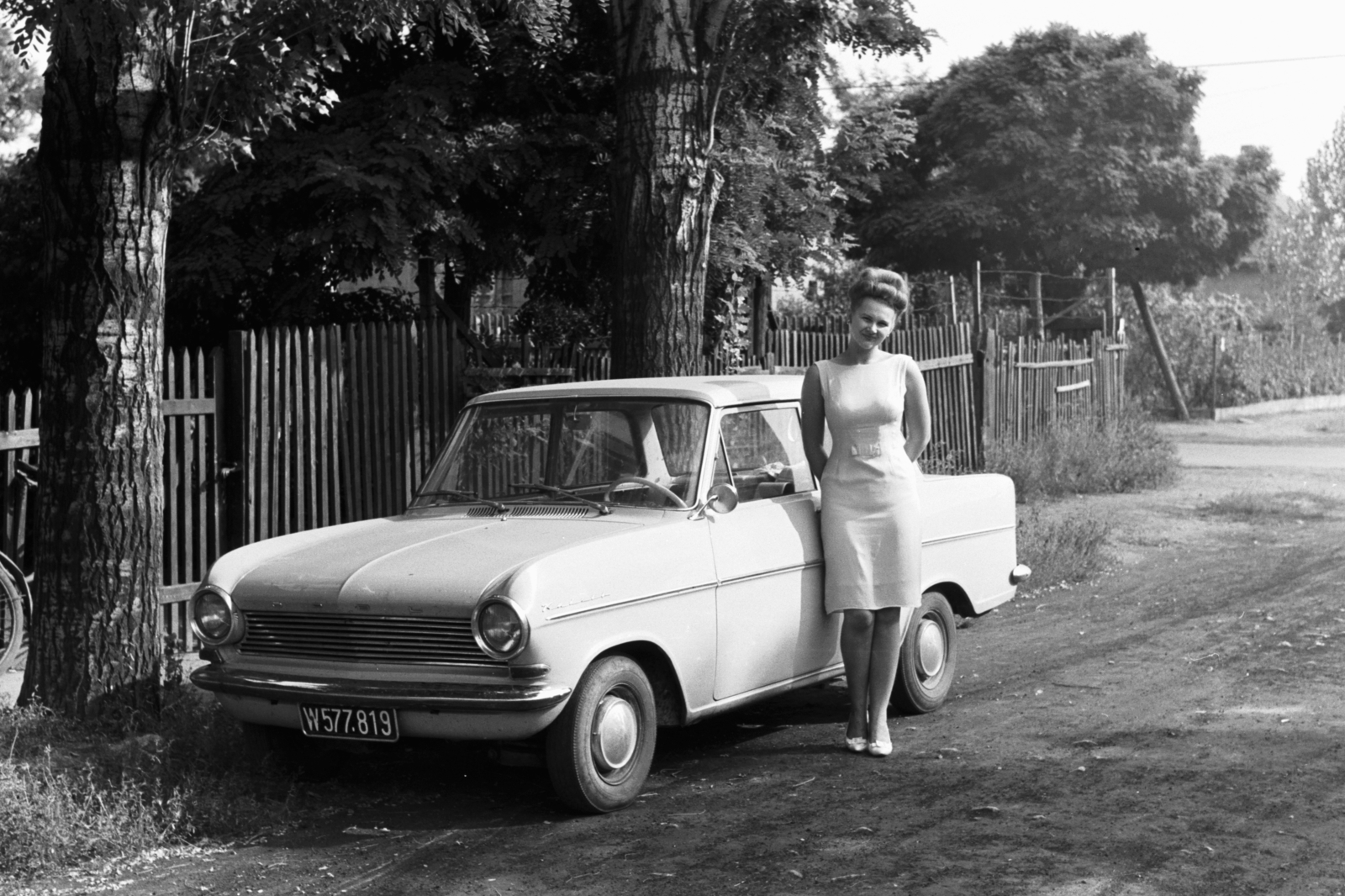 1961, Chuckyeager tumblr, portrait, street view, lath fence, lady, number plate, girls'n'cars, Fortepan #143660
