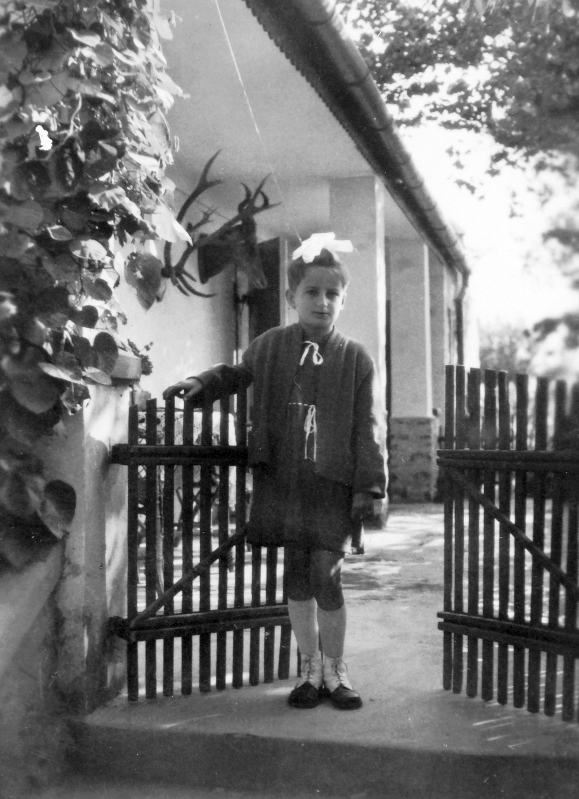 Hungary, Somló Hill, 1958, Baráth Endre, portrait, yard, gate, girl, ribbon, trophy, Fortepan #14483