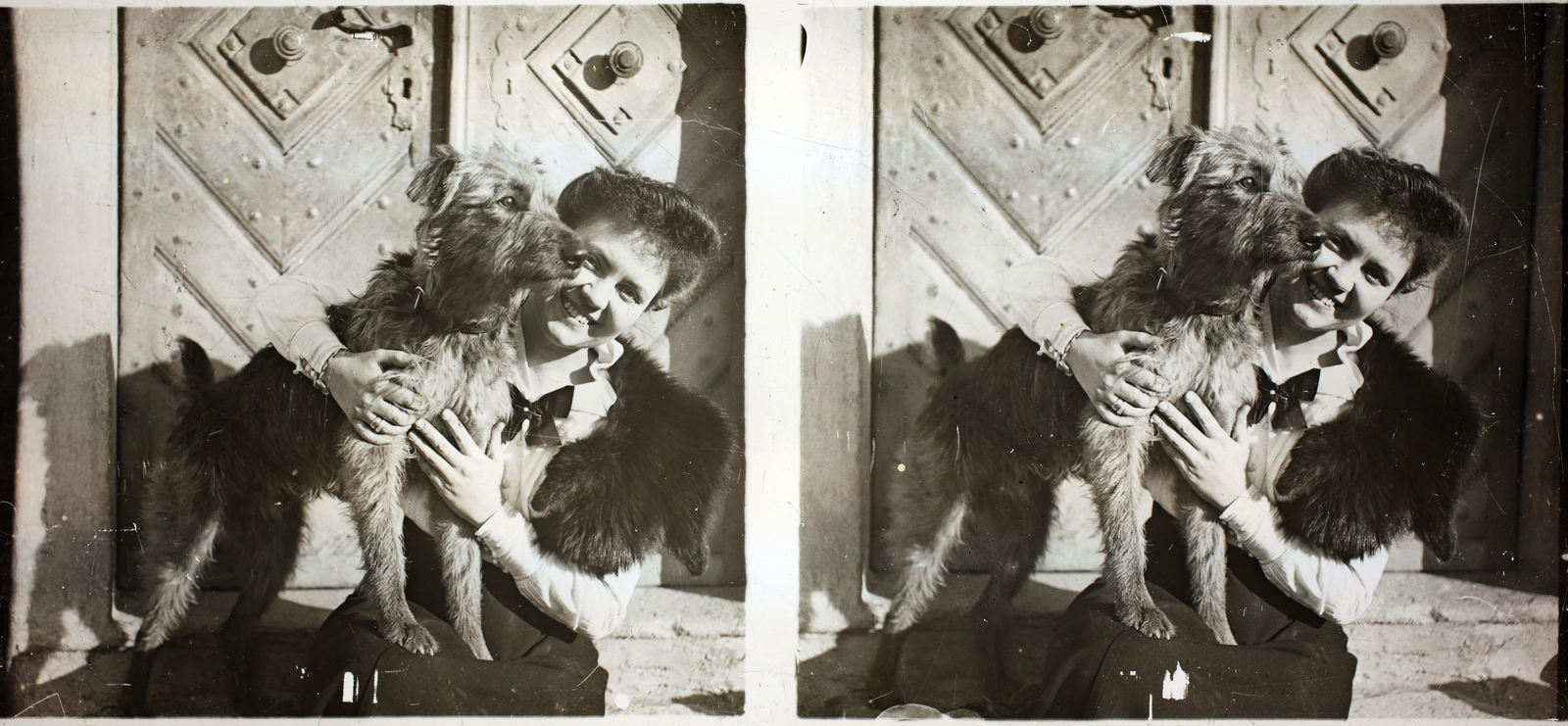 Hungary, Putnok, 1916, Asztalos András, dog, stereophoto, fondness, smile, Fortepan #146002