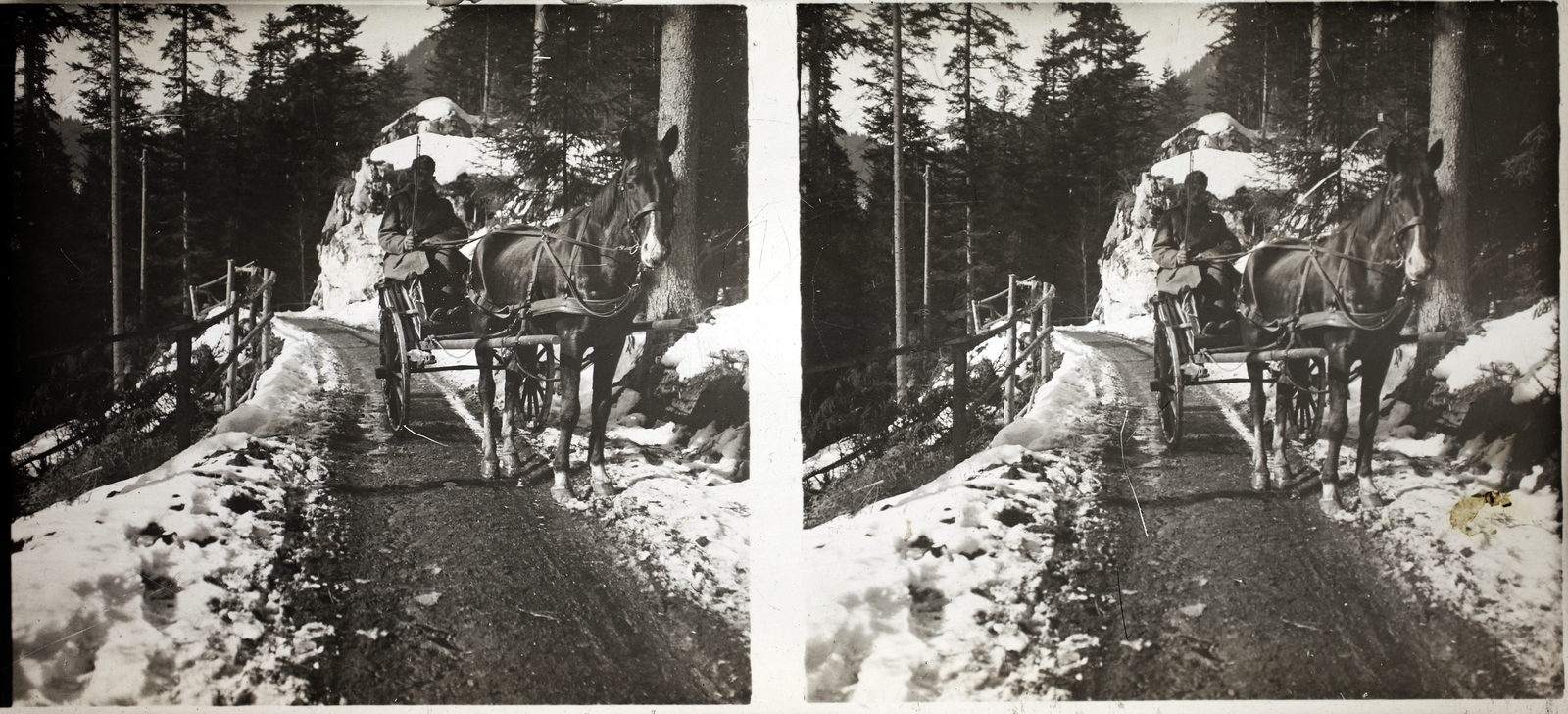 Románia,Erdély, Gyergyószentmiklós, a felvétel a település melletti hegyen készült., 1916, Asztalos András, sztereófotó, havas táj, lovaskocsi, Fortepan #146021