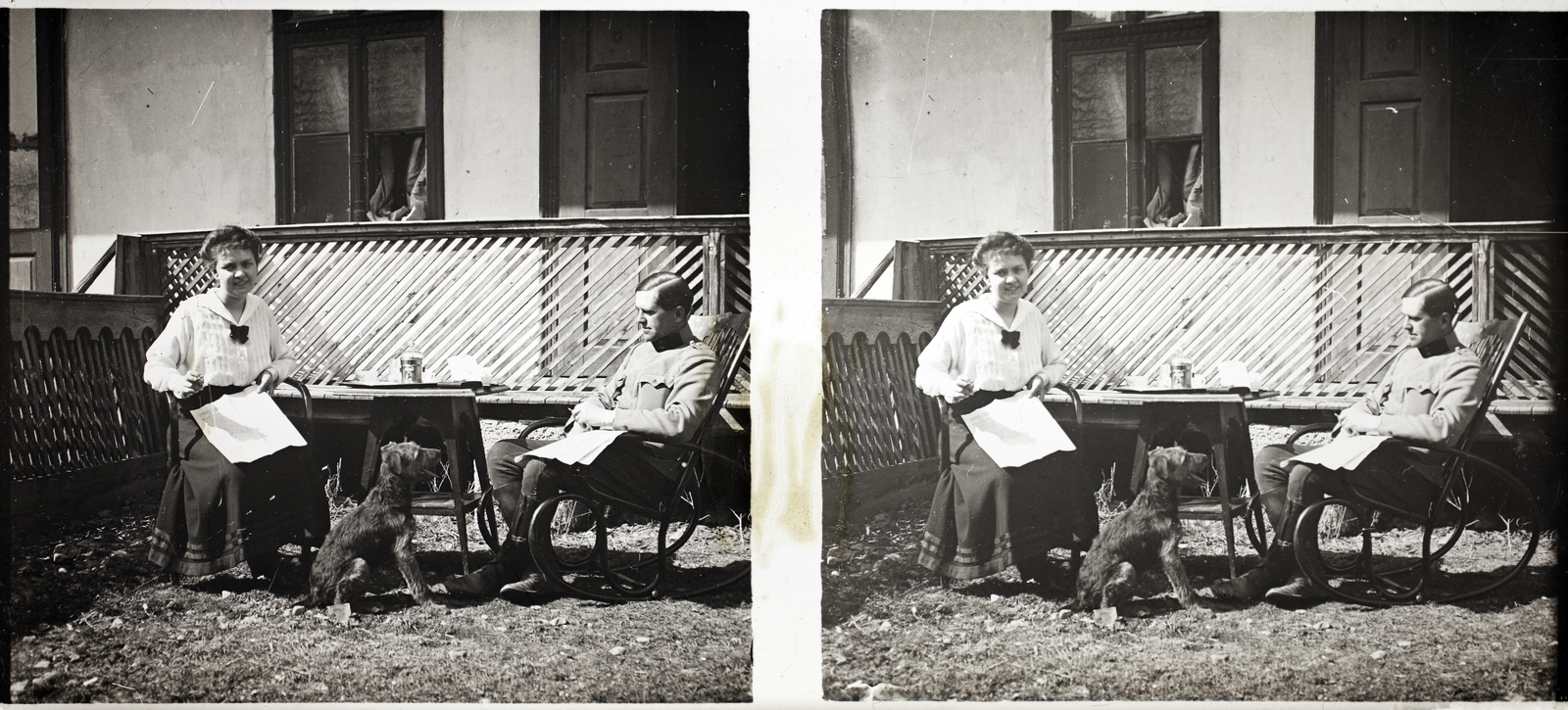 1916, Asztalos András, stereophoto, rocking chair, dog, Fortepan #146041